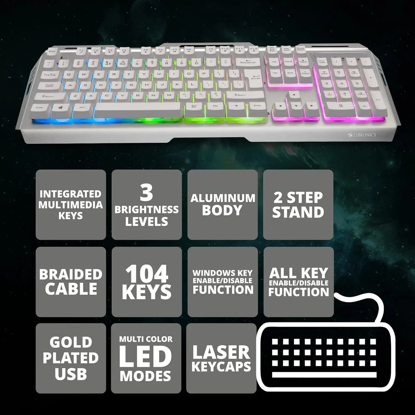 Zebronics Zeb-Transformer Gaming Keyboard and Mouse Combo USB, Braided Cable White