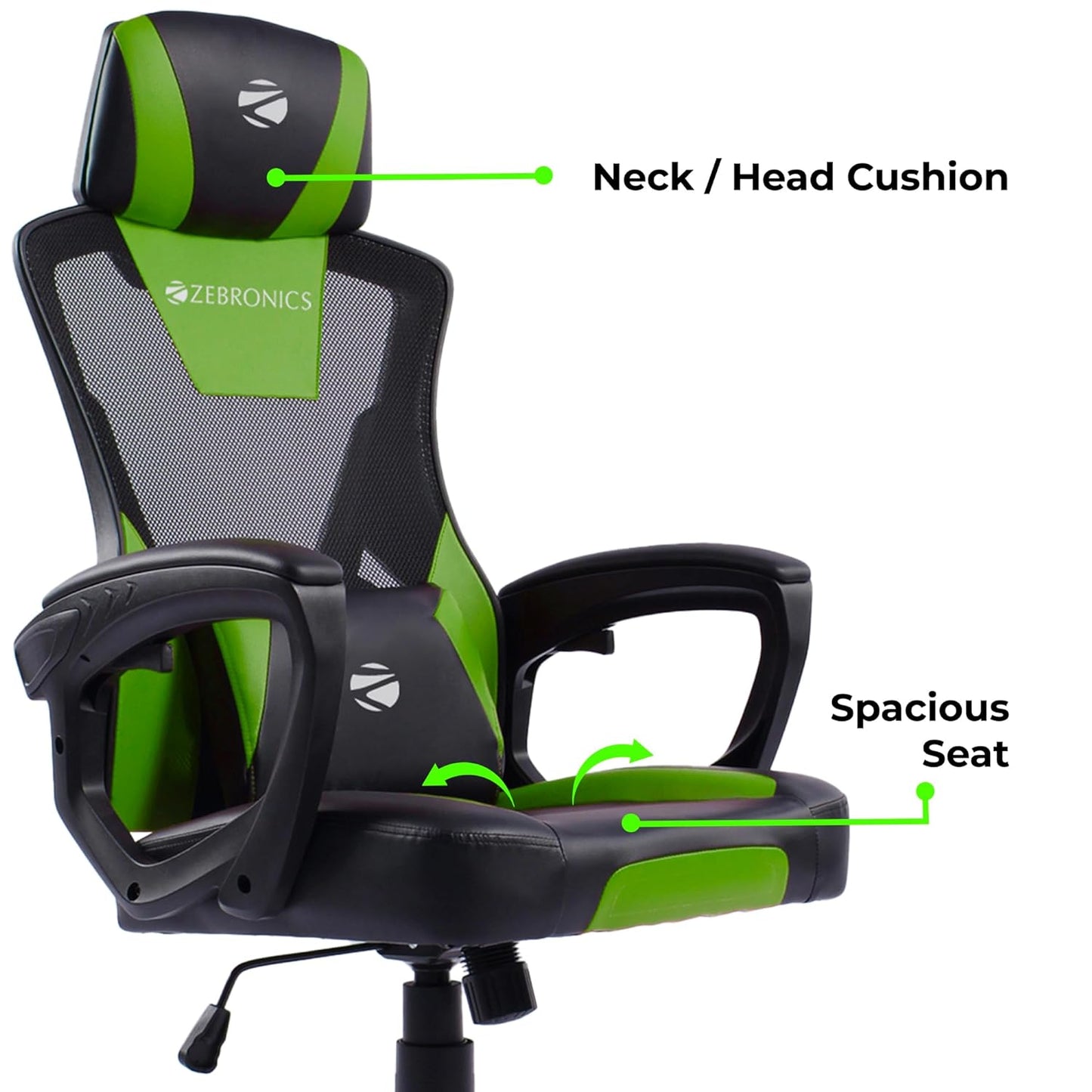 Zebronics GC1400 Gaming Chair with 360° Swivels & Casters, 90°-125° Backrest Green