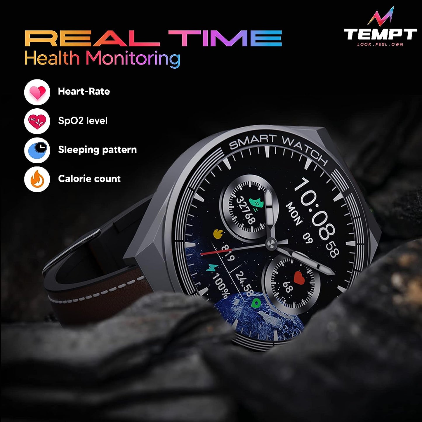 Tempt Edge Pro Smartwatch 1.51" AMOLED Display, Multiple Watch Faces & Sport Modes Brown