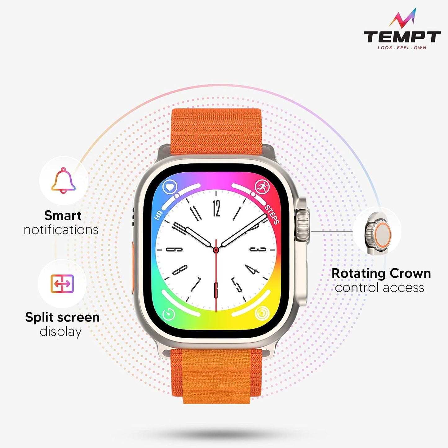 Tempt Verge Pro Smart Watch 2.01" IPS Display, Multiple Watch Faces, Fitness Tracker for Android & iOS Sport Modes Orange