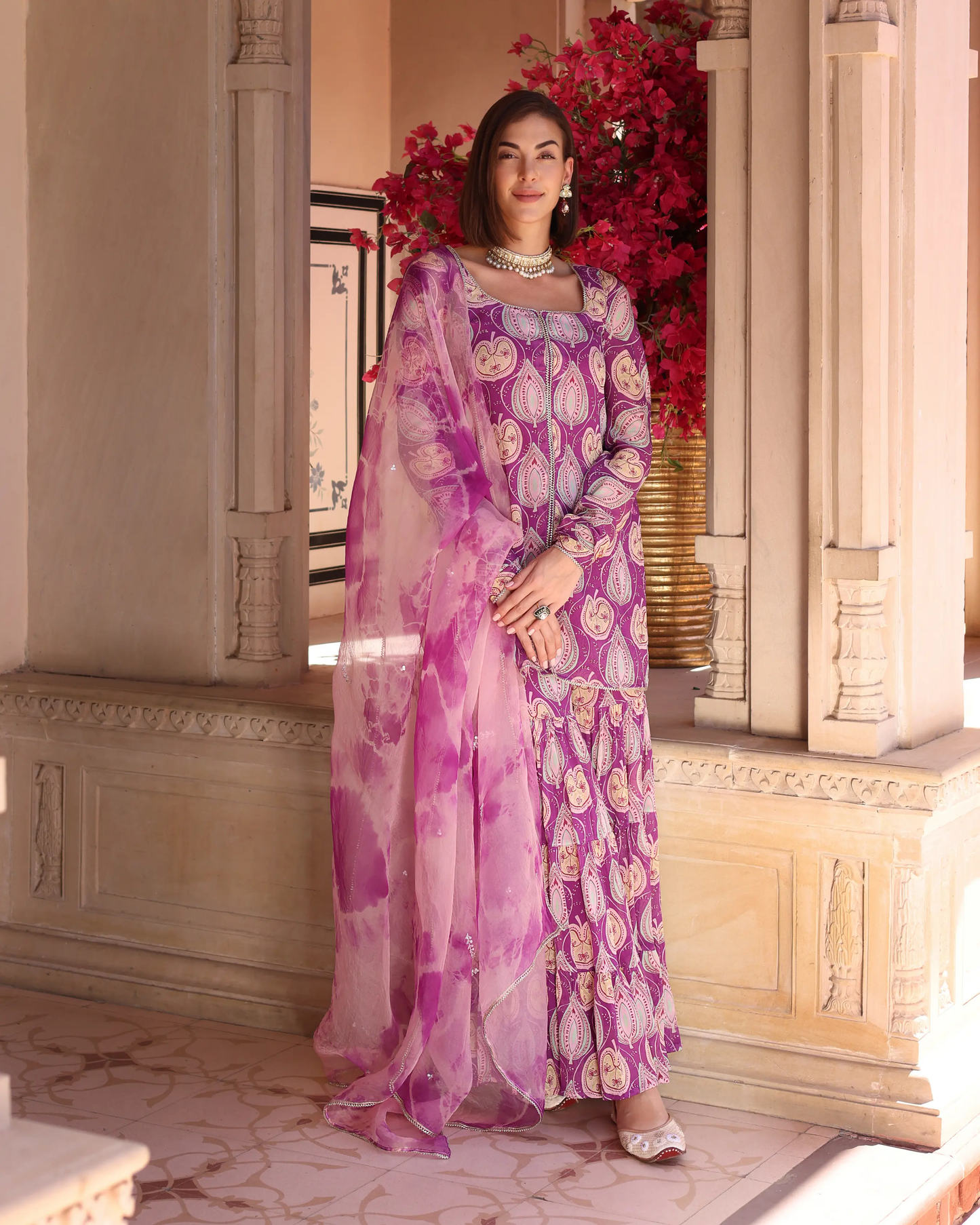 Lilac Floral Fantasy Printed Chinon Sharara Set My Store