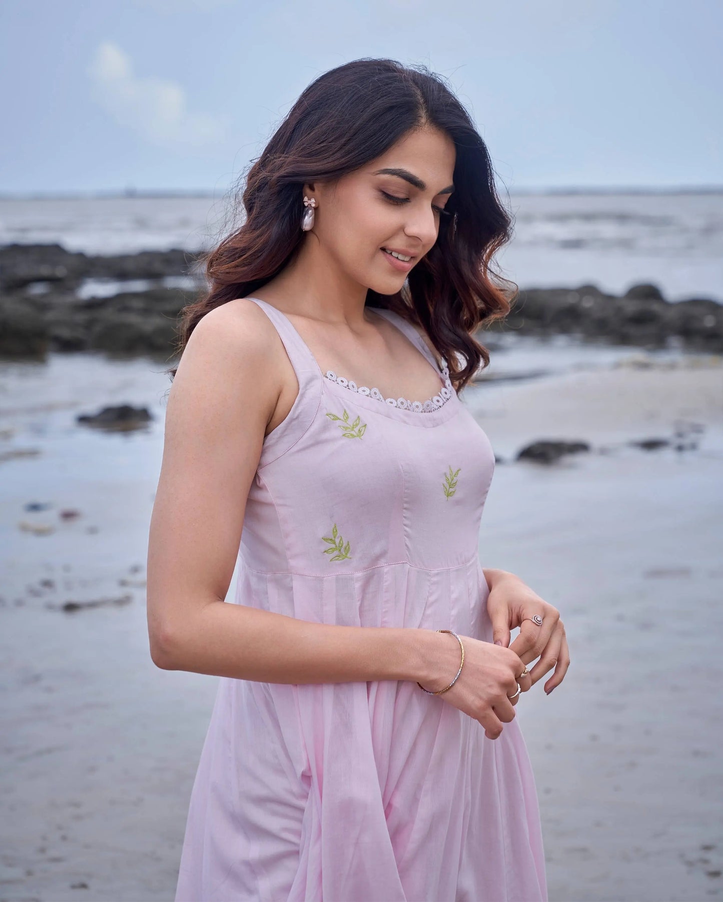 Sparrow Pink Green Colour Blocking Embroidered Cotton Dress My Store