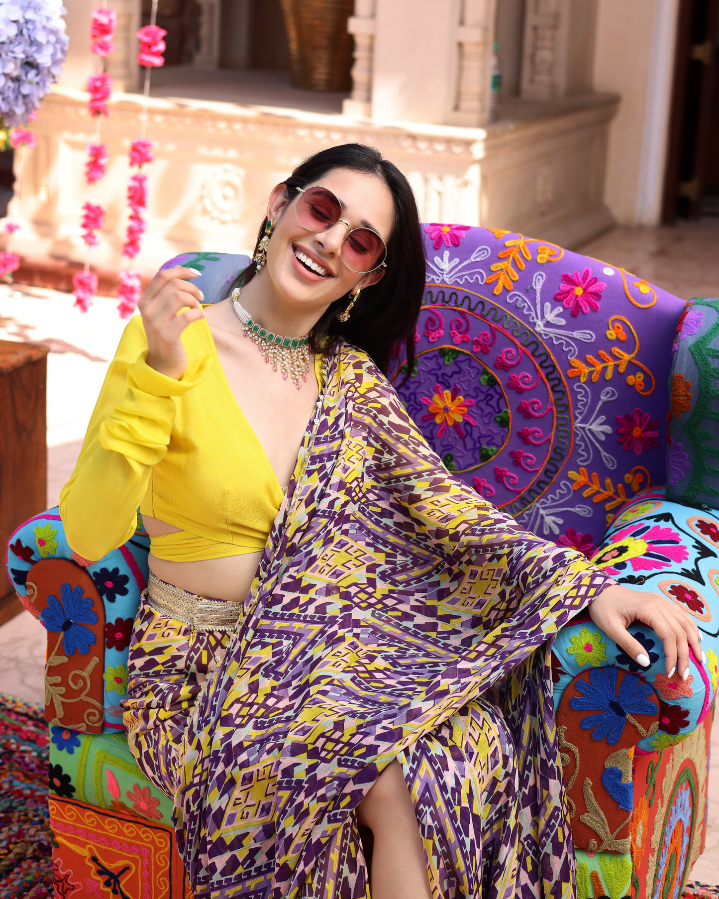 Purple Yellow Melody Printed Chinon Pre Draped Saree Quick Cart