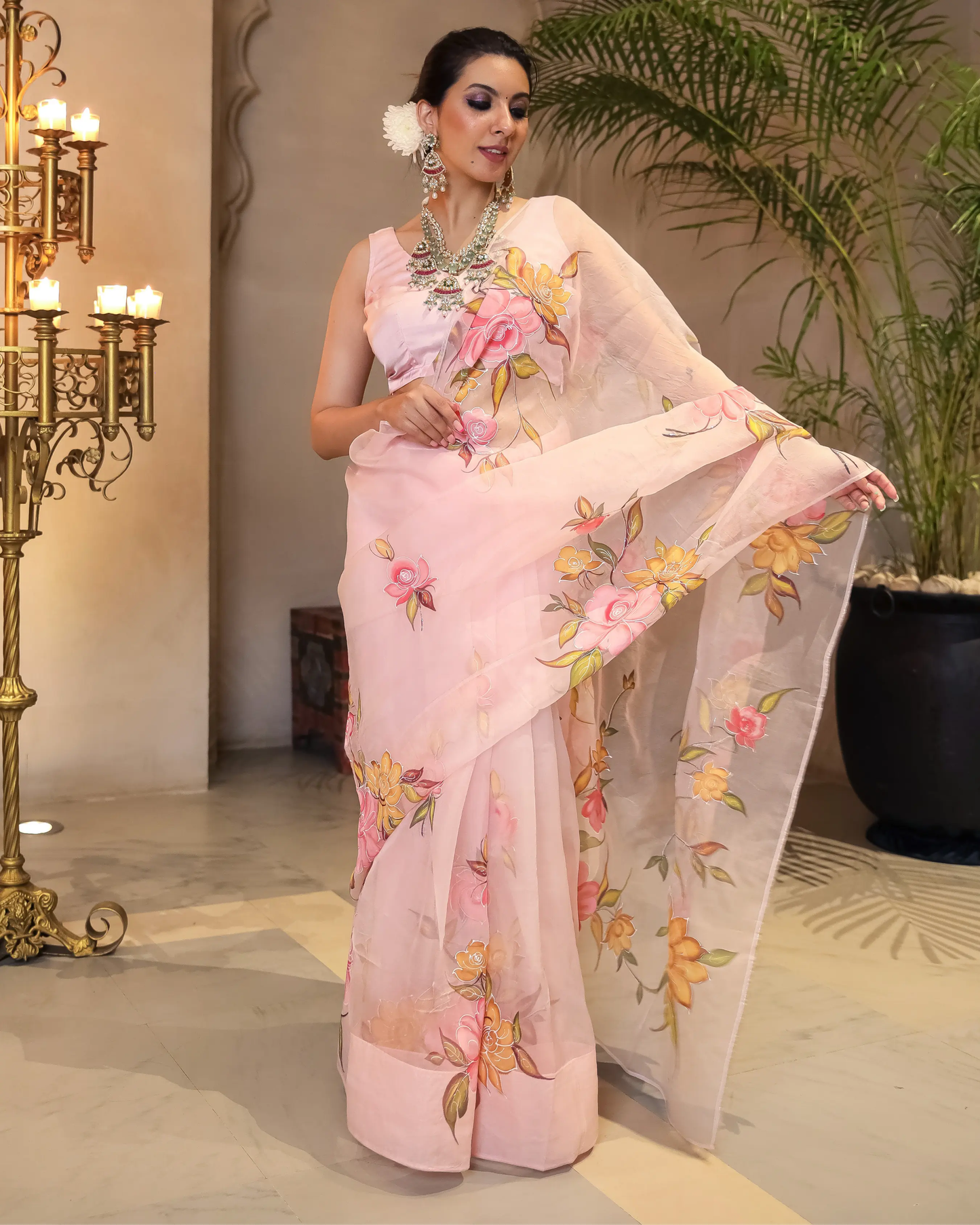 Peach Aura Embellished Handpainted Organza Silk Saree My Store