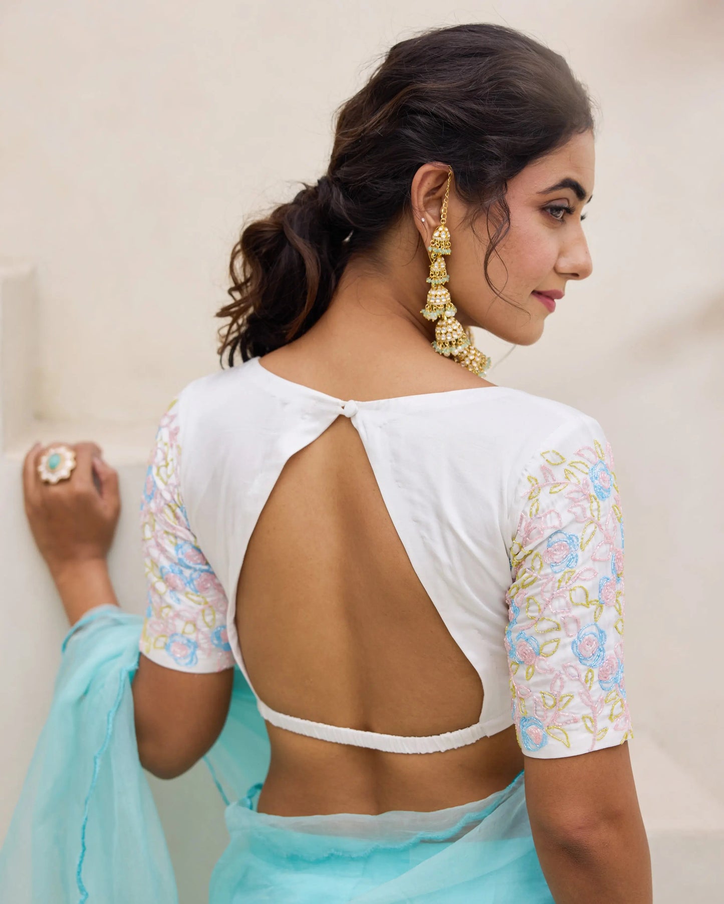 Meadow Whisper White Chanderi Embroidered Blouse My Store