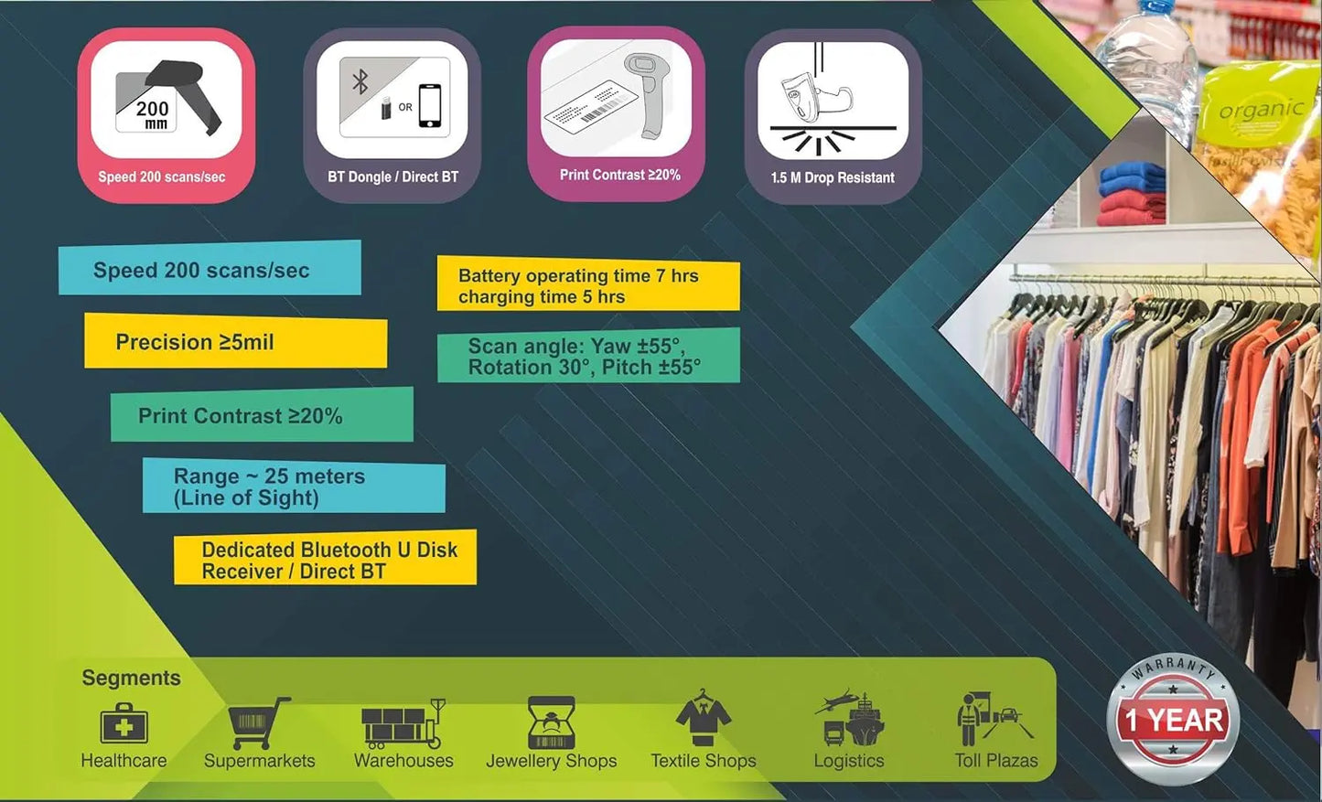 Tvs BS-I201 S Bluetooth Barcode Scanner Wireless Connectivity upto 25 Meters