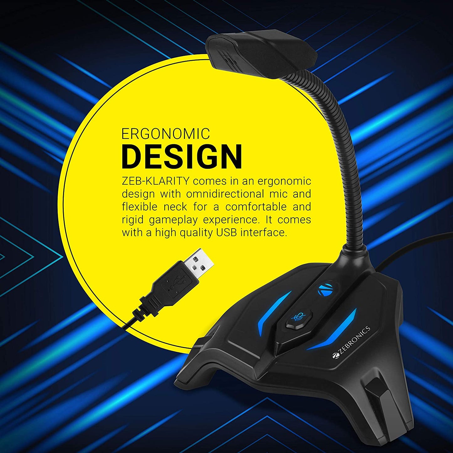 Zebronics Zeb-Klarity USB Gaming Mic for Recording Streaming, compatible with PC, Omni Directional sound pickup, Flexible Neck, Mute Button