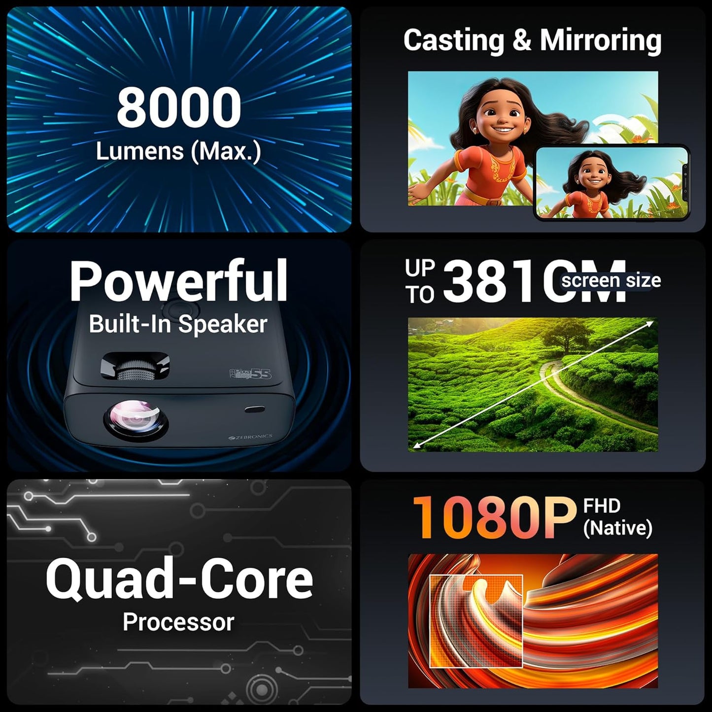 Zebronic Pixaplay 55, Smart Projector, 8000 Lumens, 4K Support
