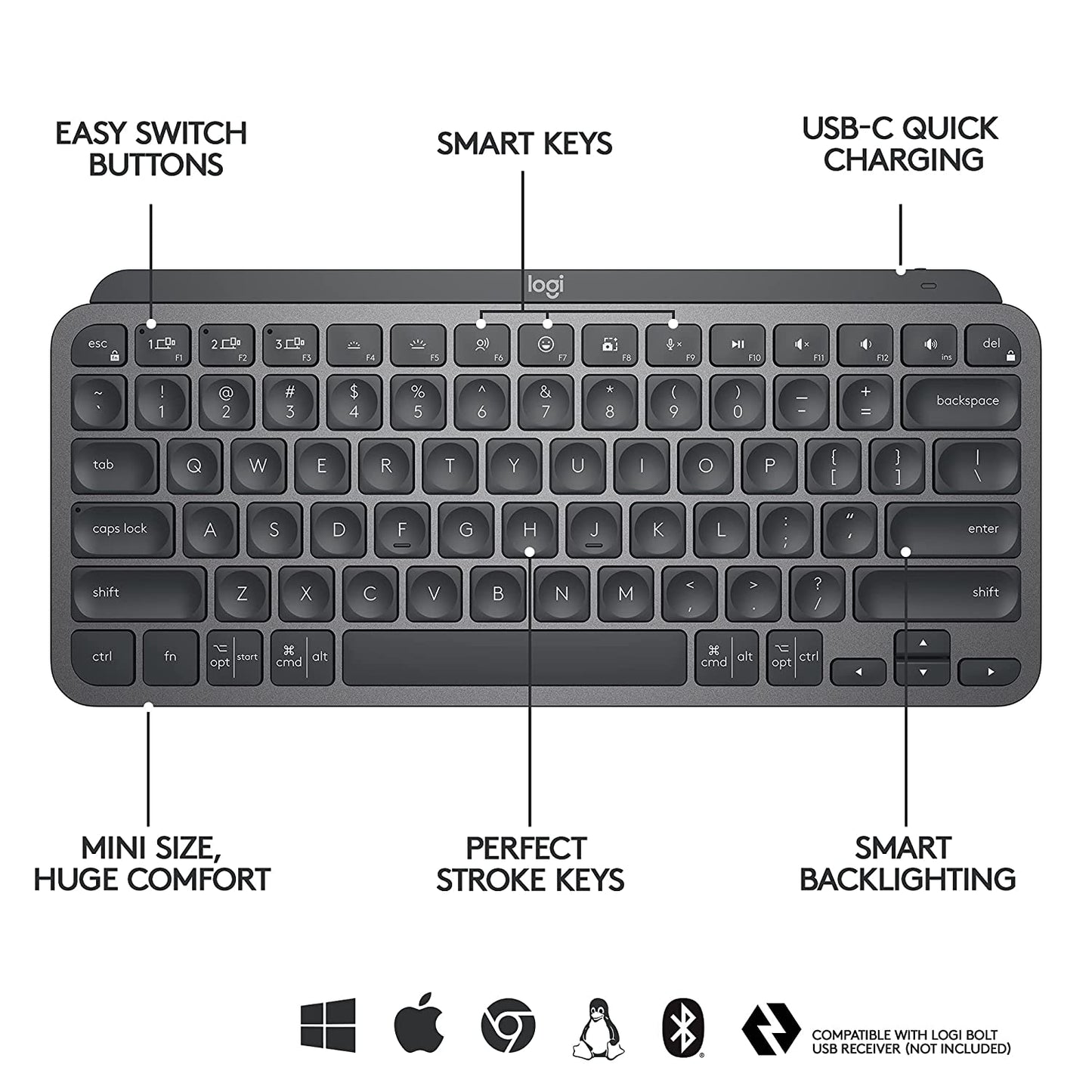 Logitech MX Keys Mini, Compact, Bluetooth, Backlit, USB-C, Metal Build Wireless Multi-device Keyboard Graphite