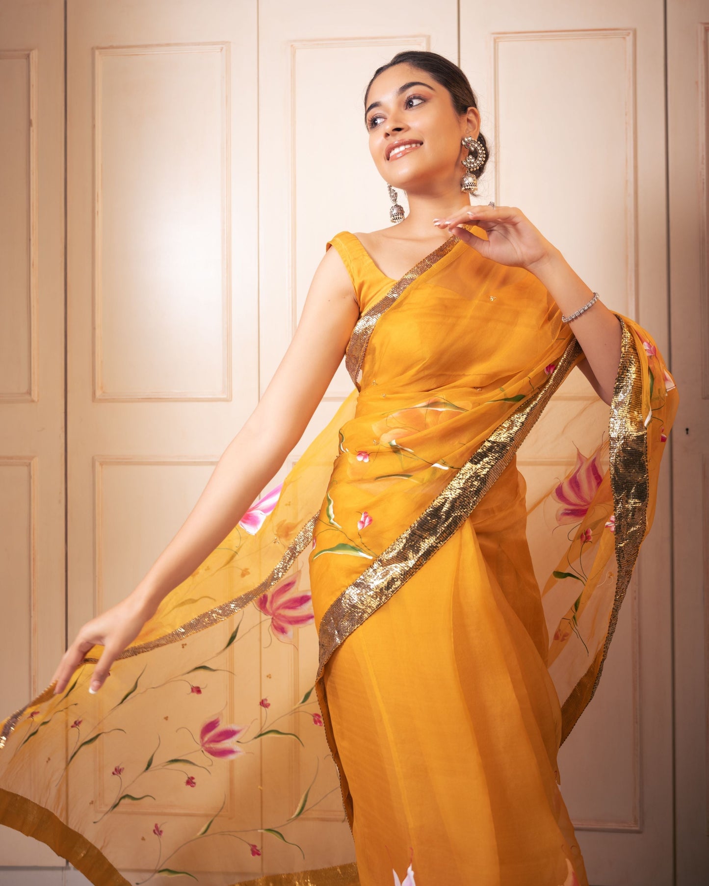Surya Handpainted Gota Pure Organza Saree My Store