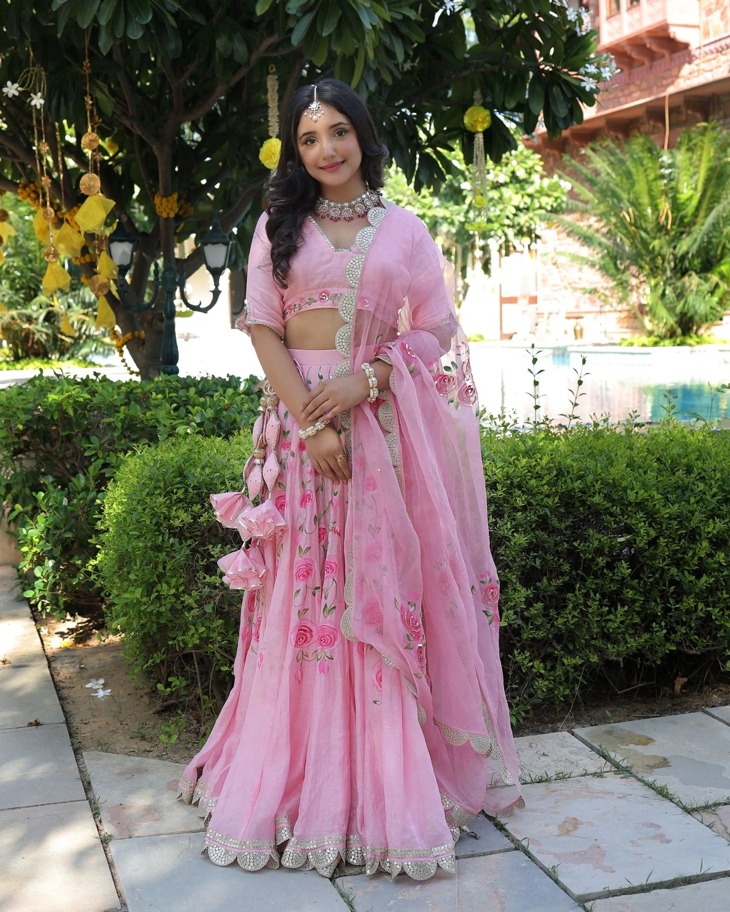 Dewberry Pink Handpainted Chanderi Lehenga Set My Store