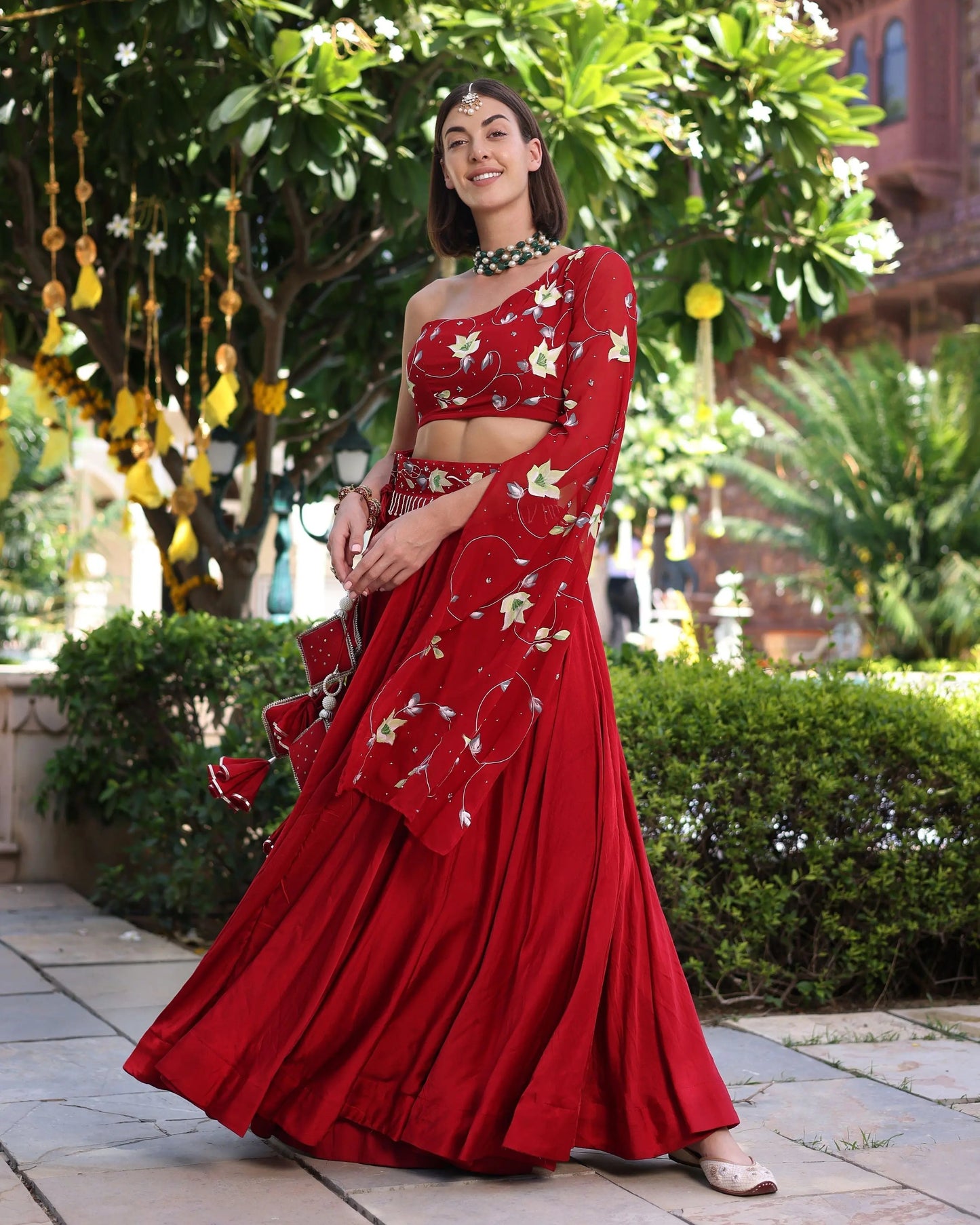 Rutvi Red Handpainted Satin Lehenga Set My Store