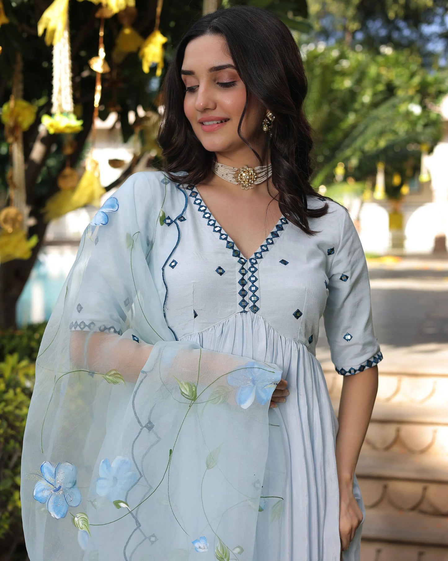 Blue Blossom Handpainted Cotton Silk Suit Set My Store