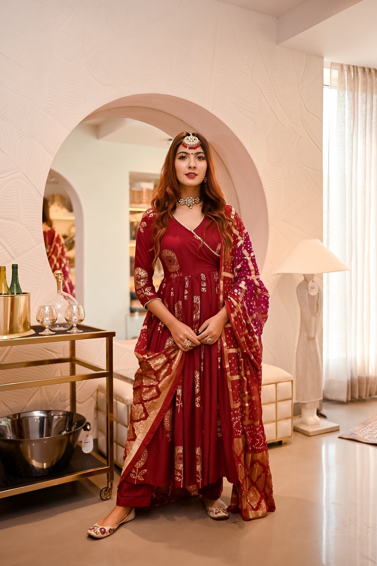 Maroon Angrakha Bandhej Suit Set My Store