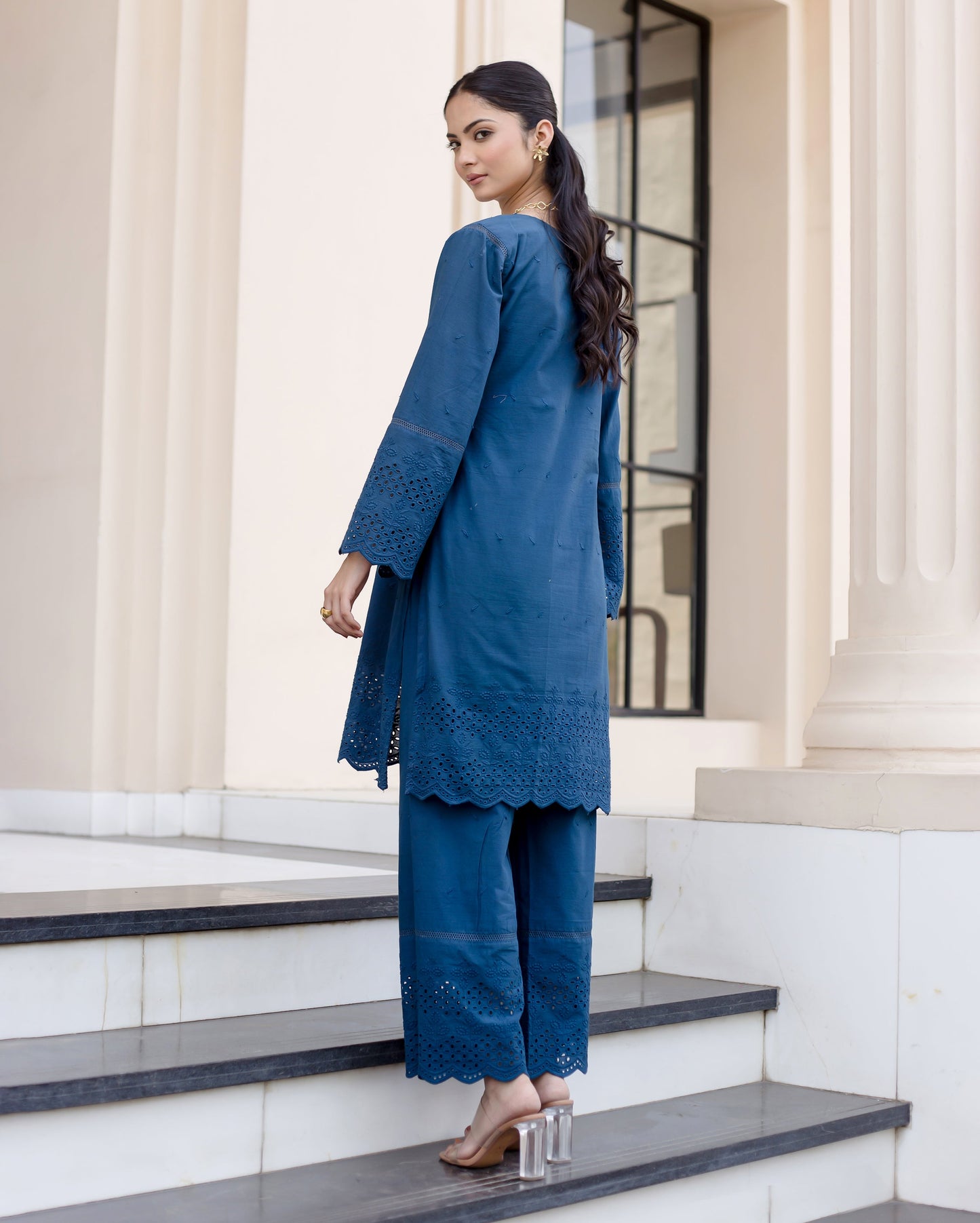 Shrub Teal Blue Solid Cotton Schiffli Coord Set Quick Cart