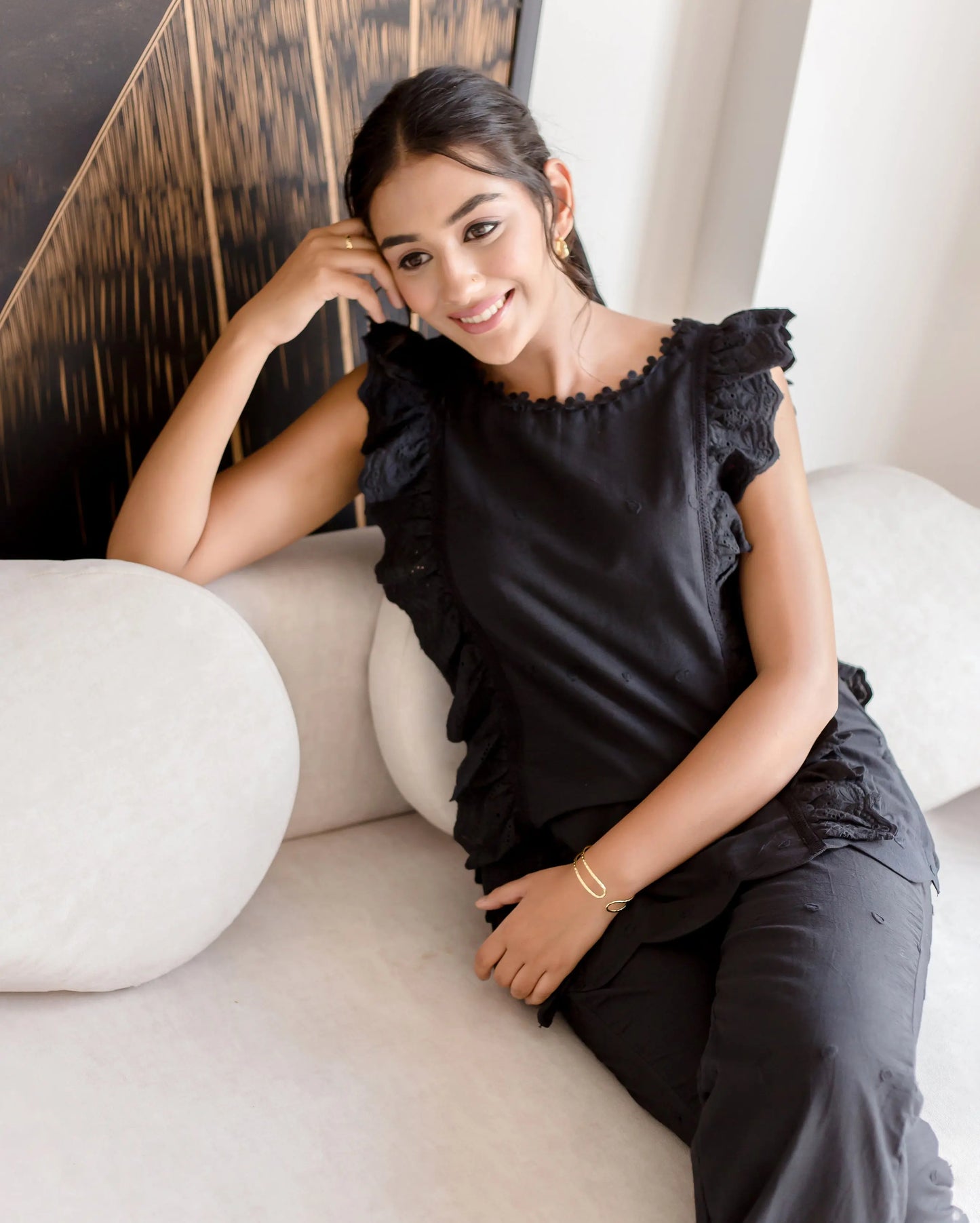 Raven Black Solid Cotton Schiffli Coord Set My Store