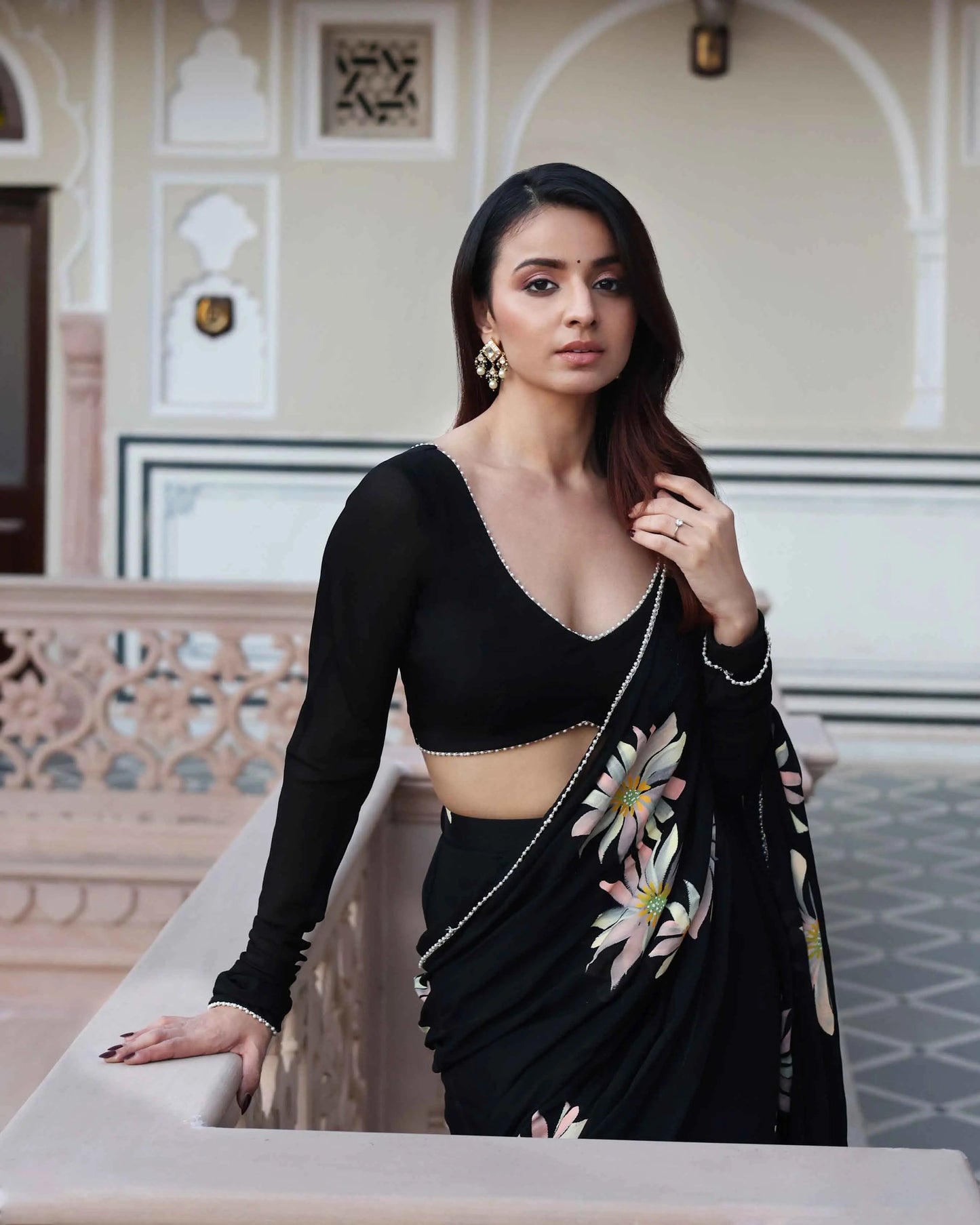 Kiyana Black Handpainted Chinon Pre Draped Saree My Store