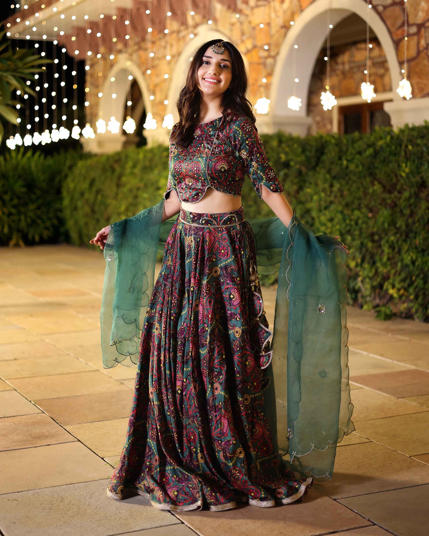 Elegance In Bloom Green Printed Silk Lehenga Set Quick Cart