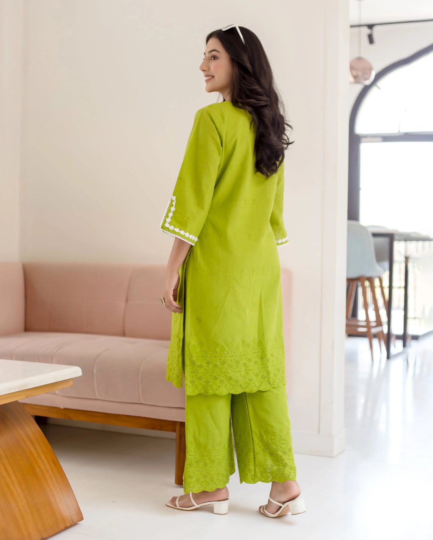 Zinnia Parrot Green Solid Cotton Schiffli Coord Set My Store