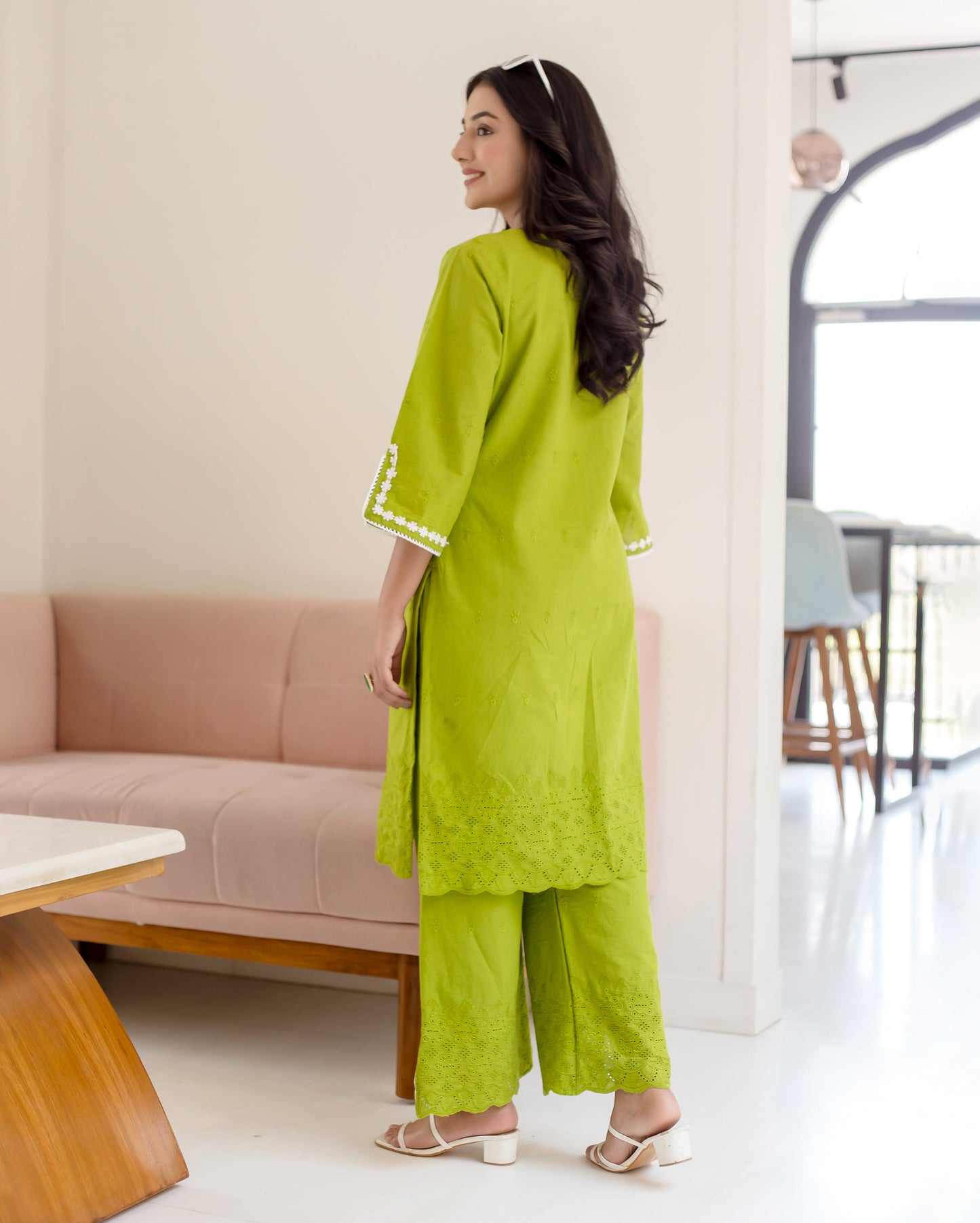 Zinnia Parrot Green Solid Cotton Schiffli Coord Set Quick Cart