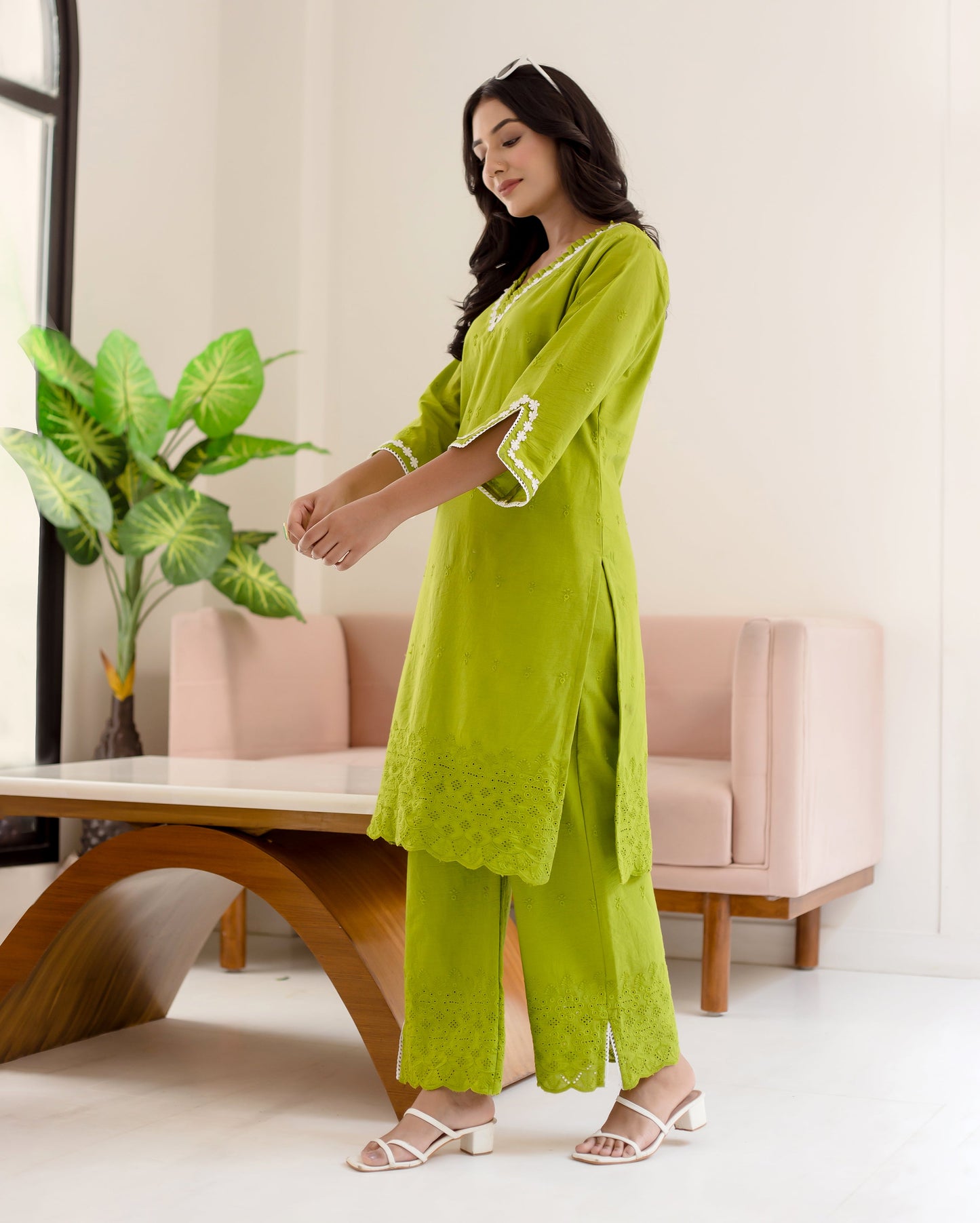 Zinnia Parrot Green Solid Cotton Schiffli Coord Set