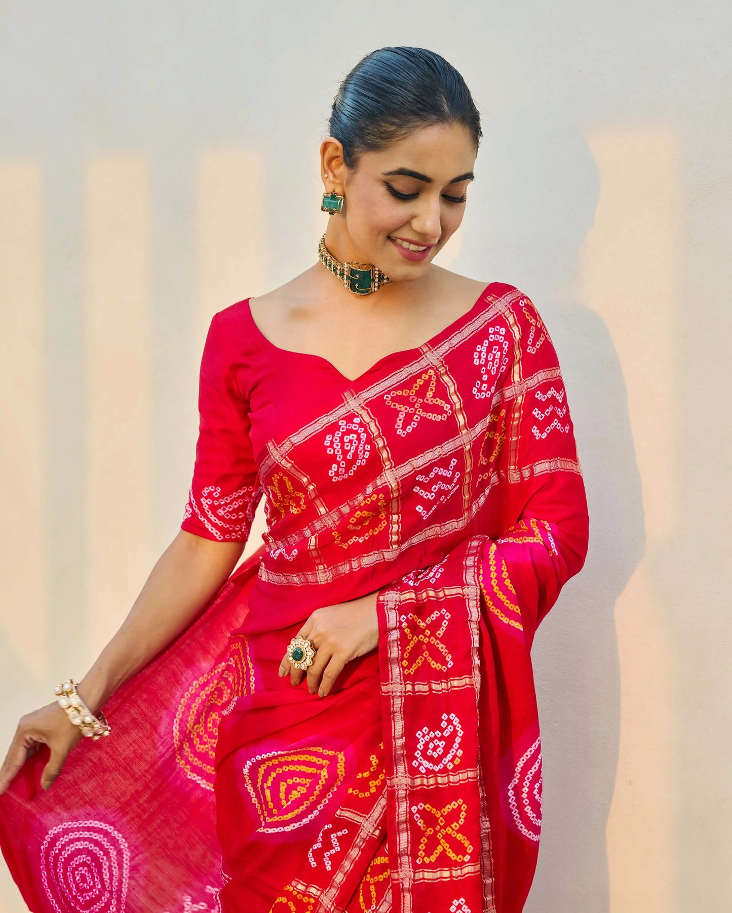 Moonlit Harmony Red Silk Bandhani Saree My Store