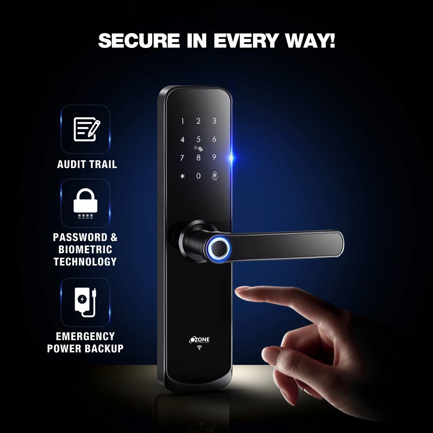 Ozone OZ-FDL-04 STD Morphy Eco Smart Door Lock with 3-way access Door Thickness: 35-80 mm
