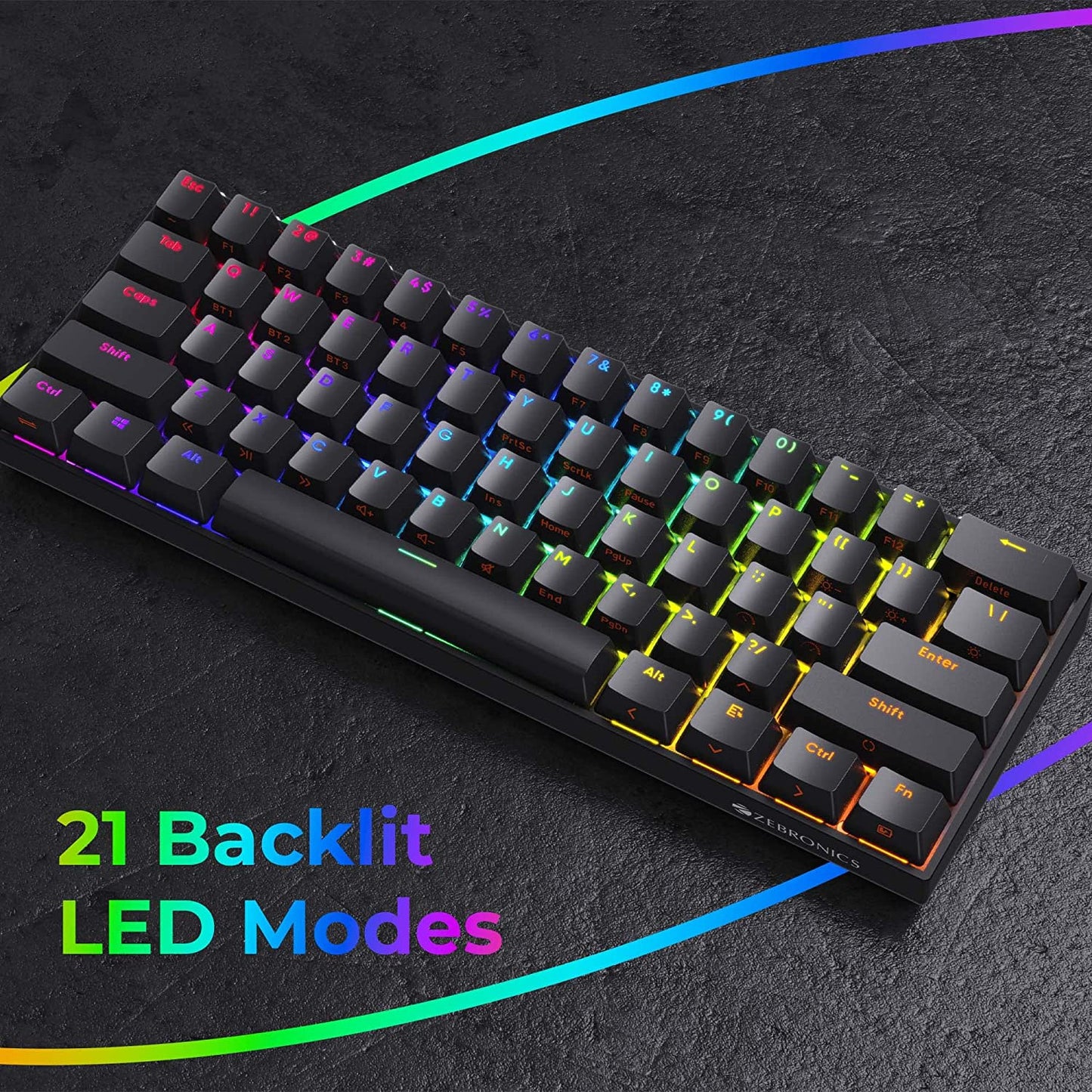 Zebronics Zeb-MAX NINJA 61 keys wireless mechanical keyboard with 3 Bluetooth connections, 2.4GHz Nano receiver, Type Black