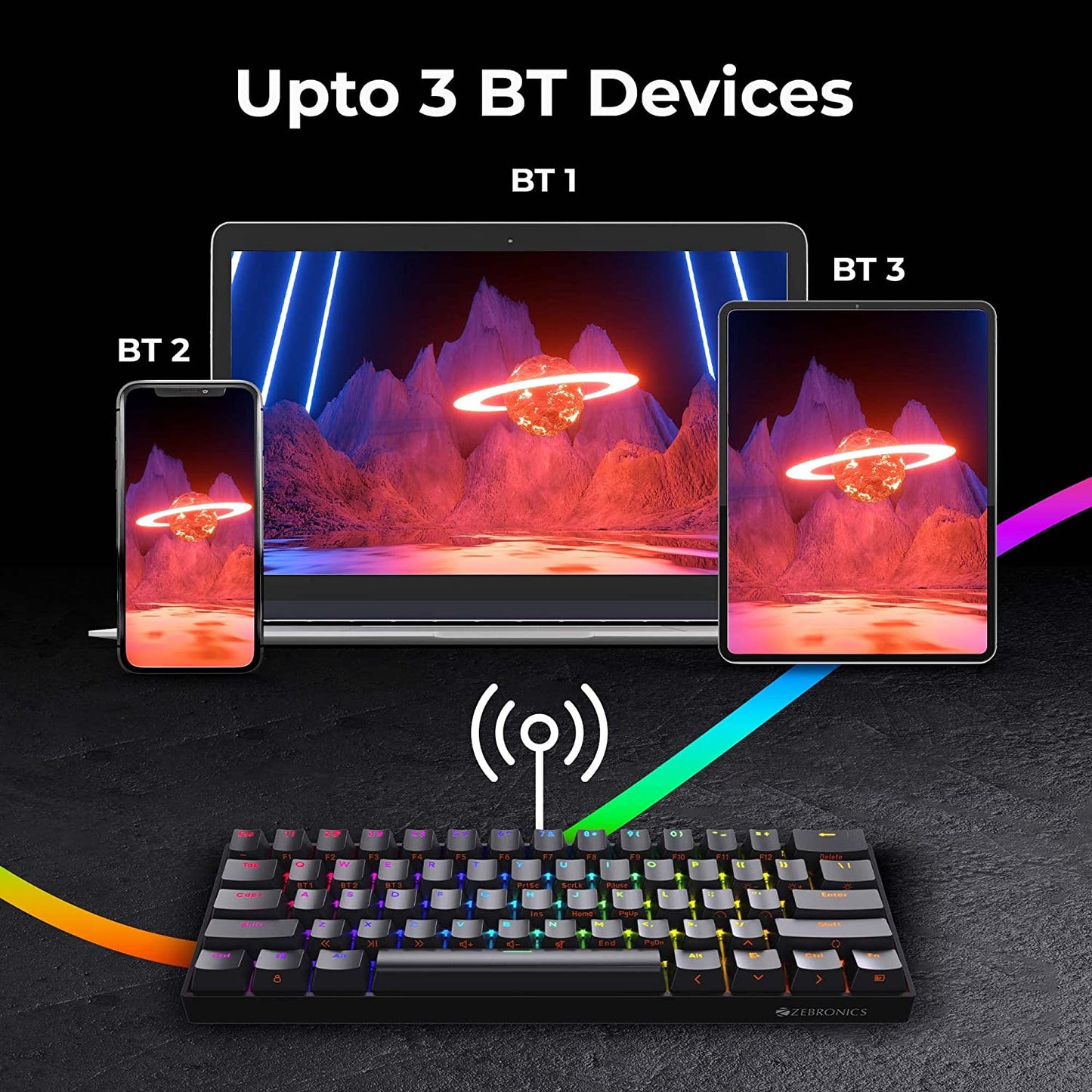 Zebronics Zeb-MAX NINJA 61 keys wireless mechanical keyboard with 3 Bluetooth connections, 2.4GHz Nano receiver, Type Black