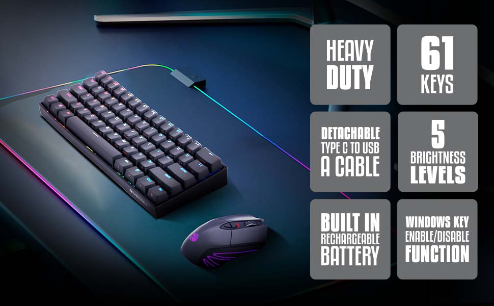 Zebronics Zeb-MAX NINJA 61 keys wireless mechanical keyboard with 3 Bluetooth connections, 2.4GHz Nano receiver, Type Black