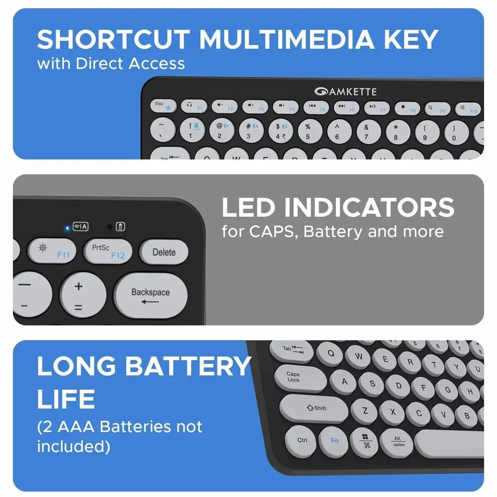 Amkette Optimus BT 4 in 1 Multi Device Wireless Keyboard Bluetooth Access for Windows, MacOs, Android and iOS, Dual OS Layout Black