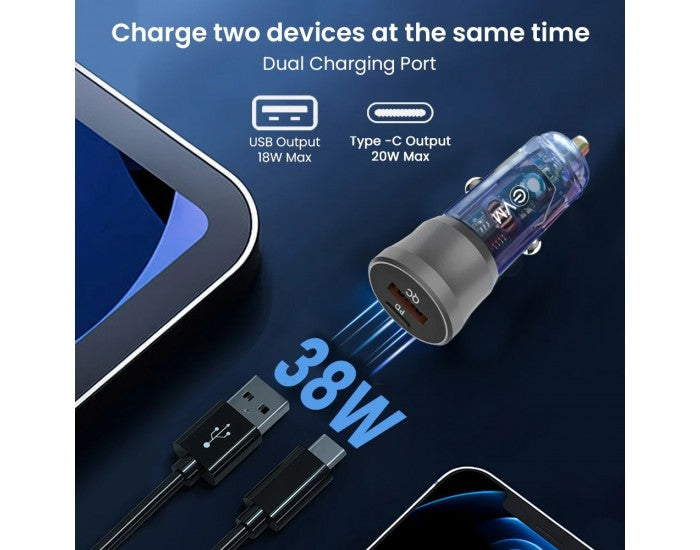 EVM CAR CHARGER 38W WITH TYPE-C  USB 3.0 PORT