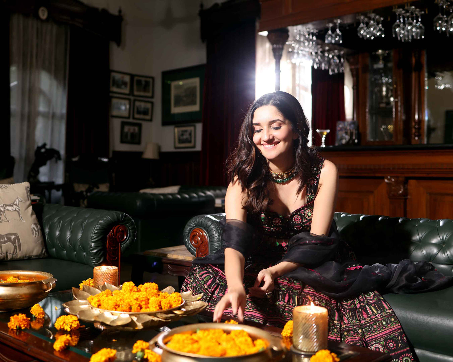 Mighty Black Mirror Work Printed Chanderi Lehenga Set Quick Cart