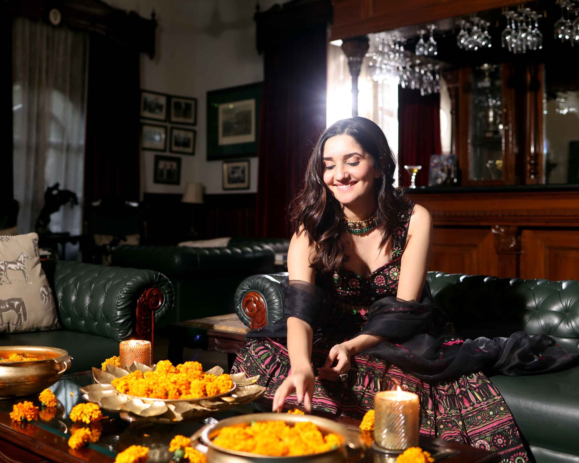 Mighty Black Mirror Work Printed Chanderi Lehenga Set Quick Cart