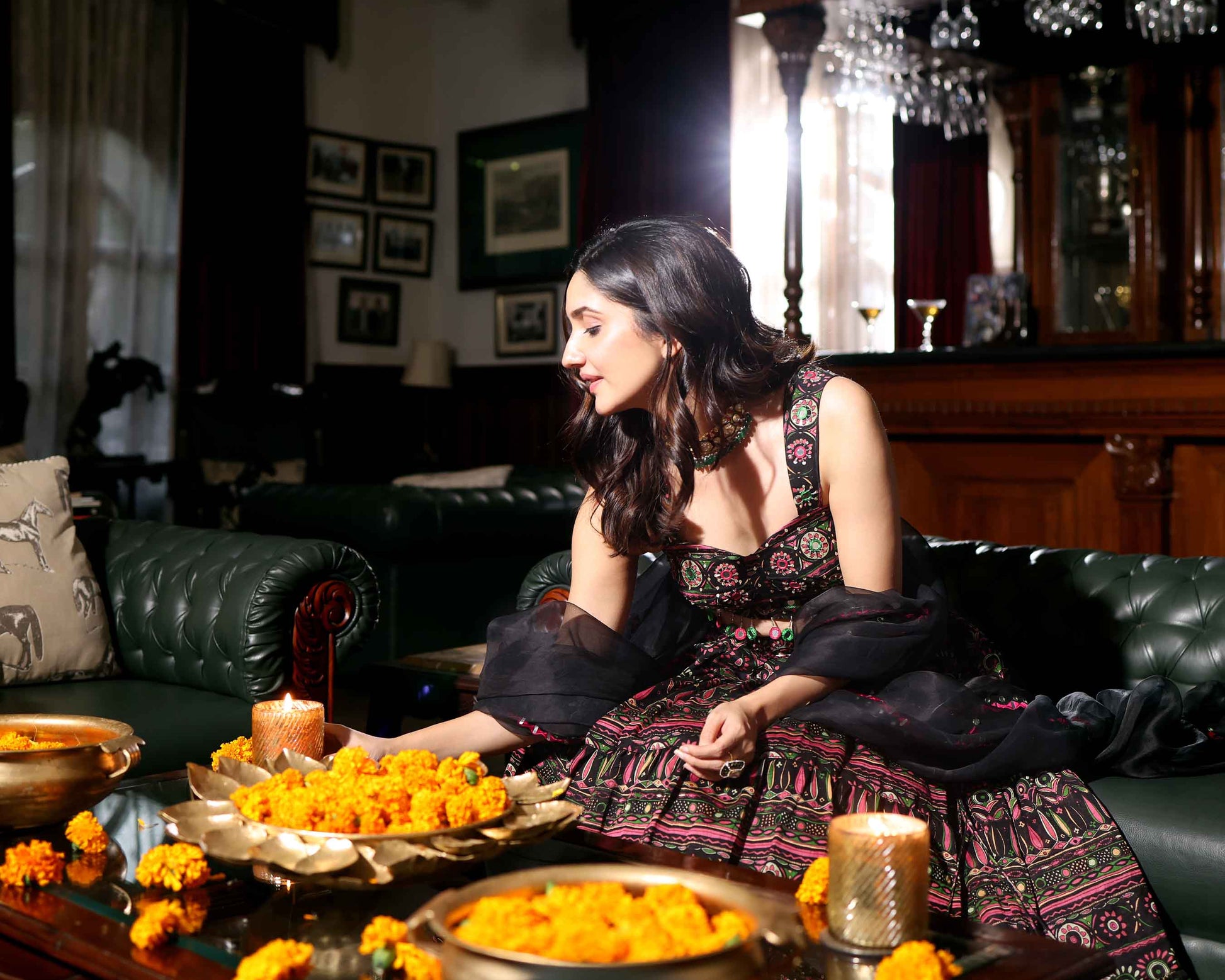 Mighty Black Mirror Work Printed Chanderi Lehenga Set My Store