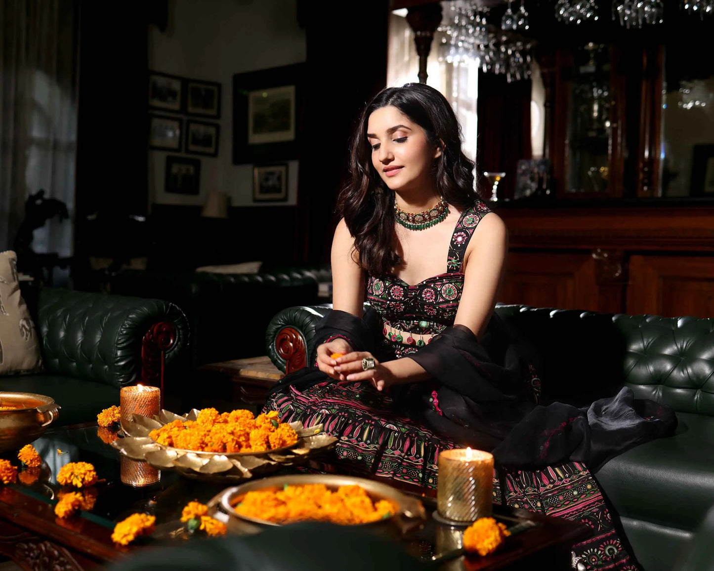 Mighty Black Mirror Work Printed Chanderi Lehenga Set My Store