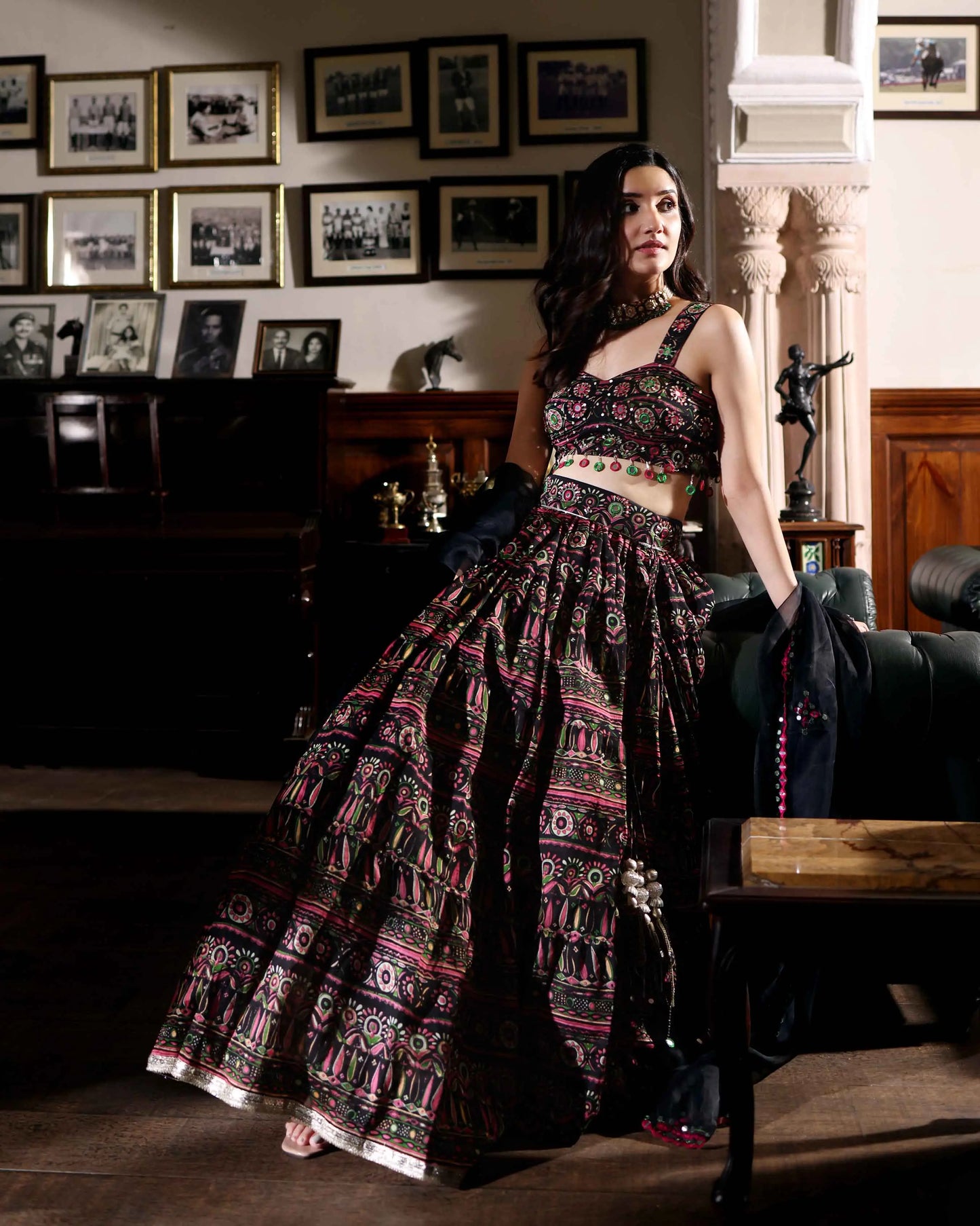 Mighty Black Mirror Work Printed Chanderi Lehenga Set My Store