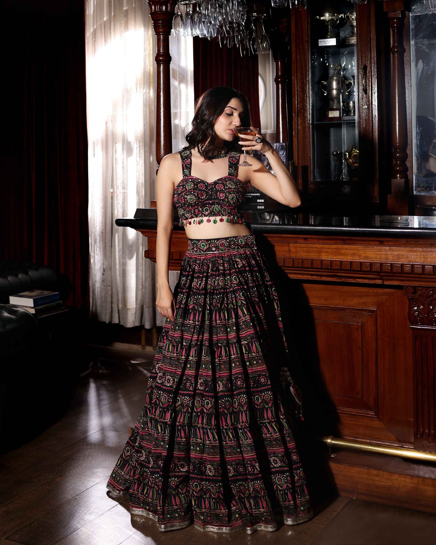 Mighty Black Mirror Work Printed Chanderi Lehenga Set My Store