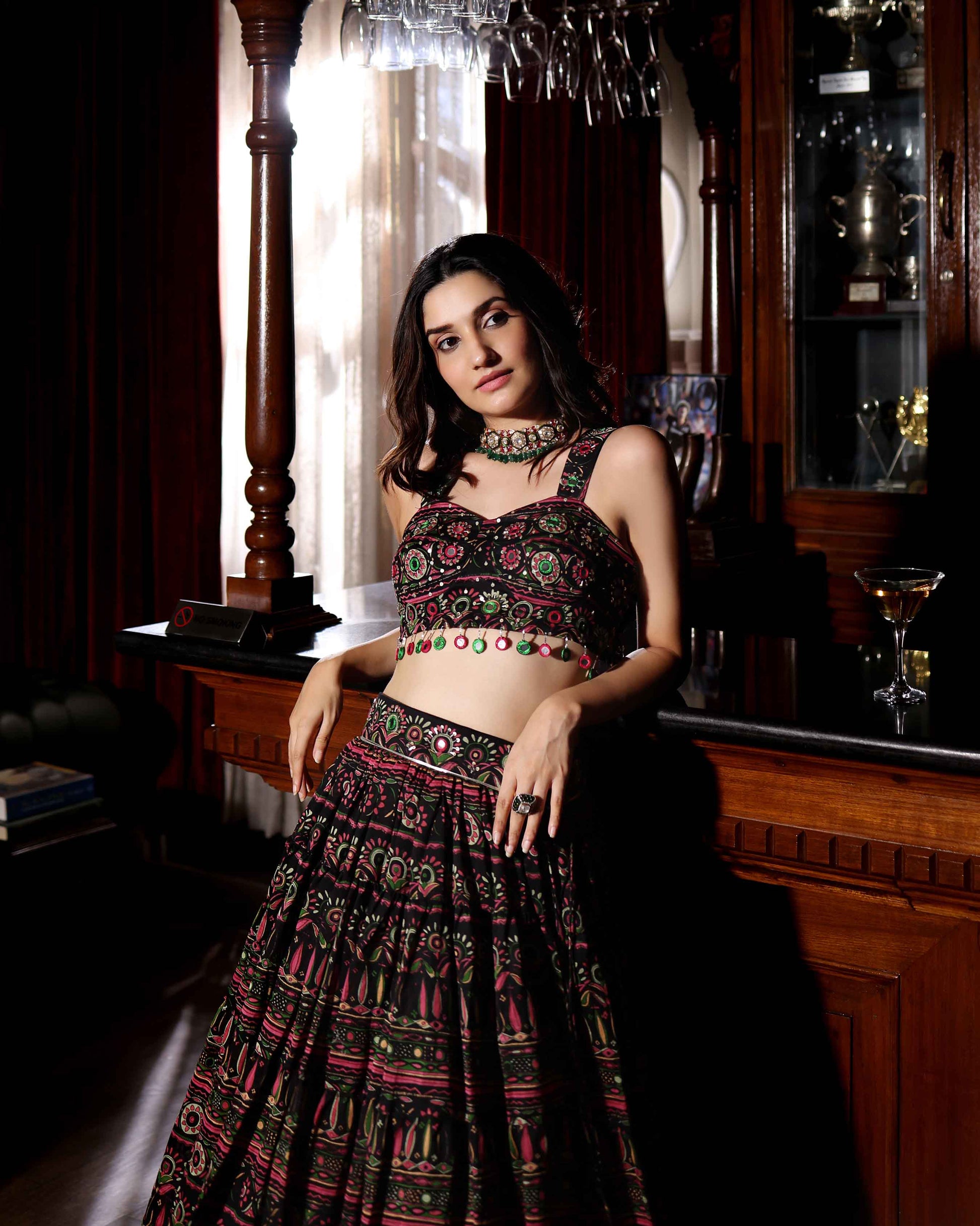Mighty Black Mirror Work Printed Chanderi Lehenga Set Quick Cart