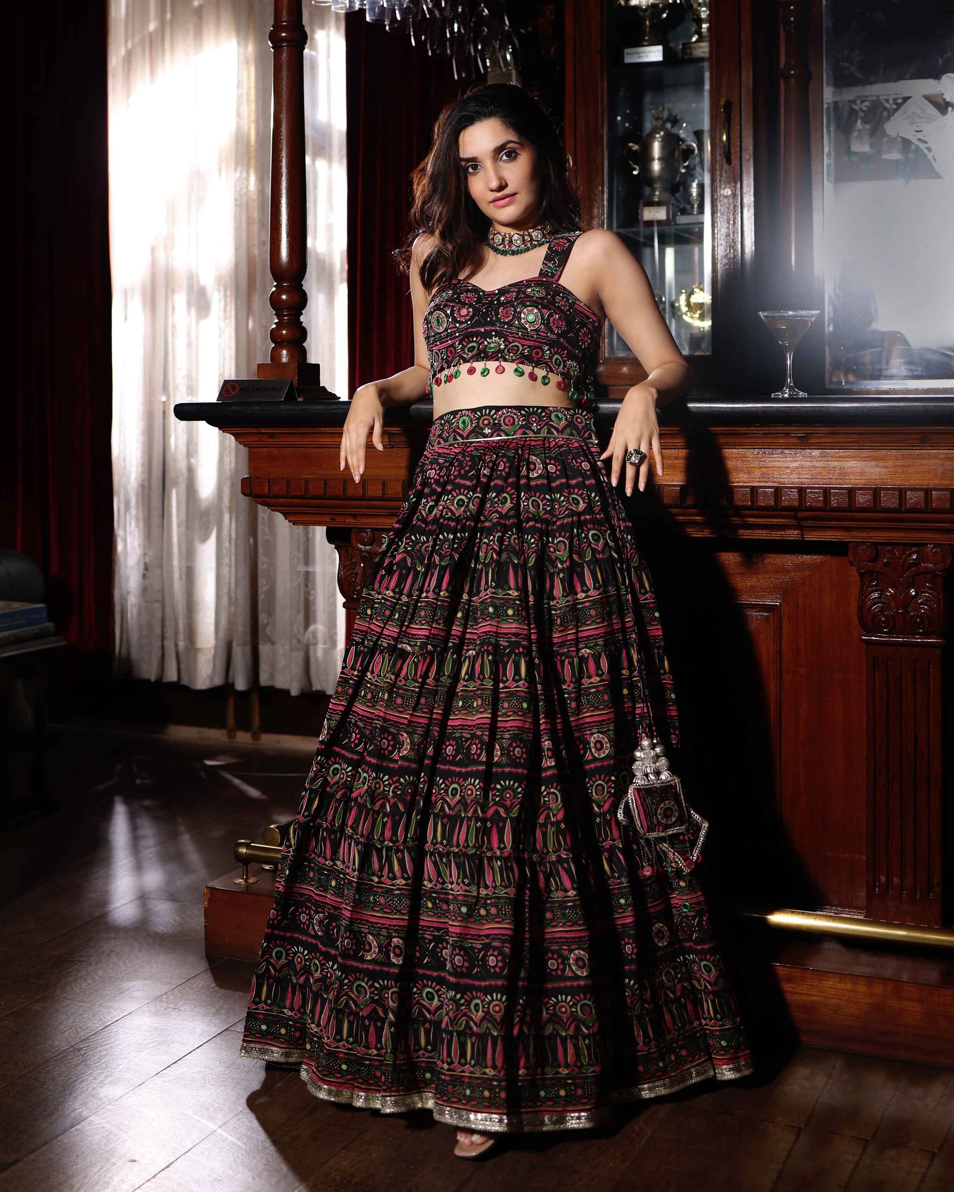Mighty Black Mirror Work Printed Chanderi Lehenga Set My Store