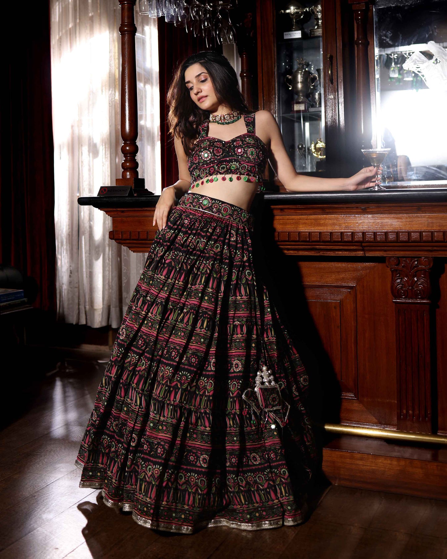 Mighty Black Mirror Work Printed Chanderi Lehenga Set My Store