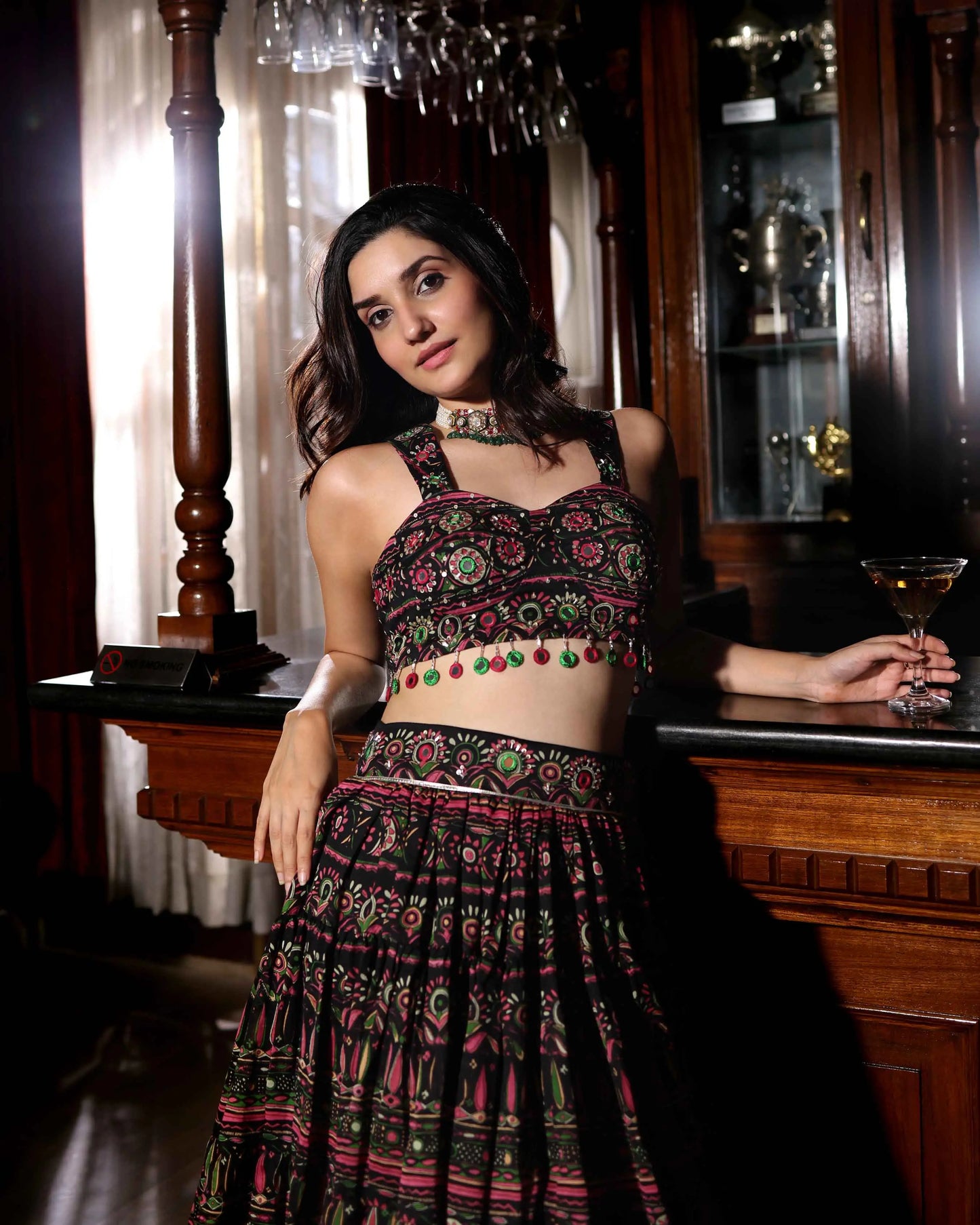 Mighty Black Mirror Work Printed Chanderi Lehenga Set My Store