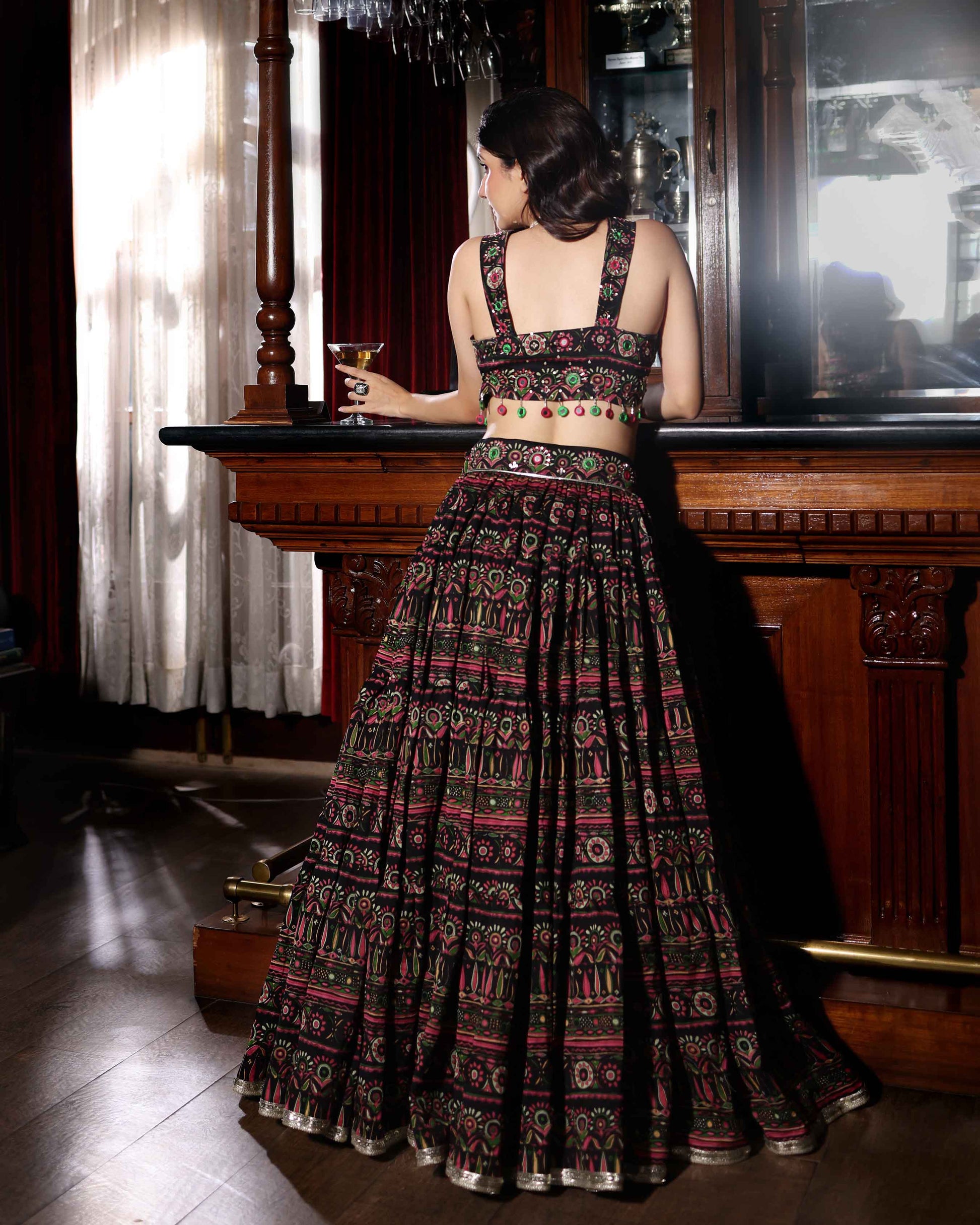 Mighty Black Mirror Work Printed Chanderi Lehenga Set Quick Cart
