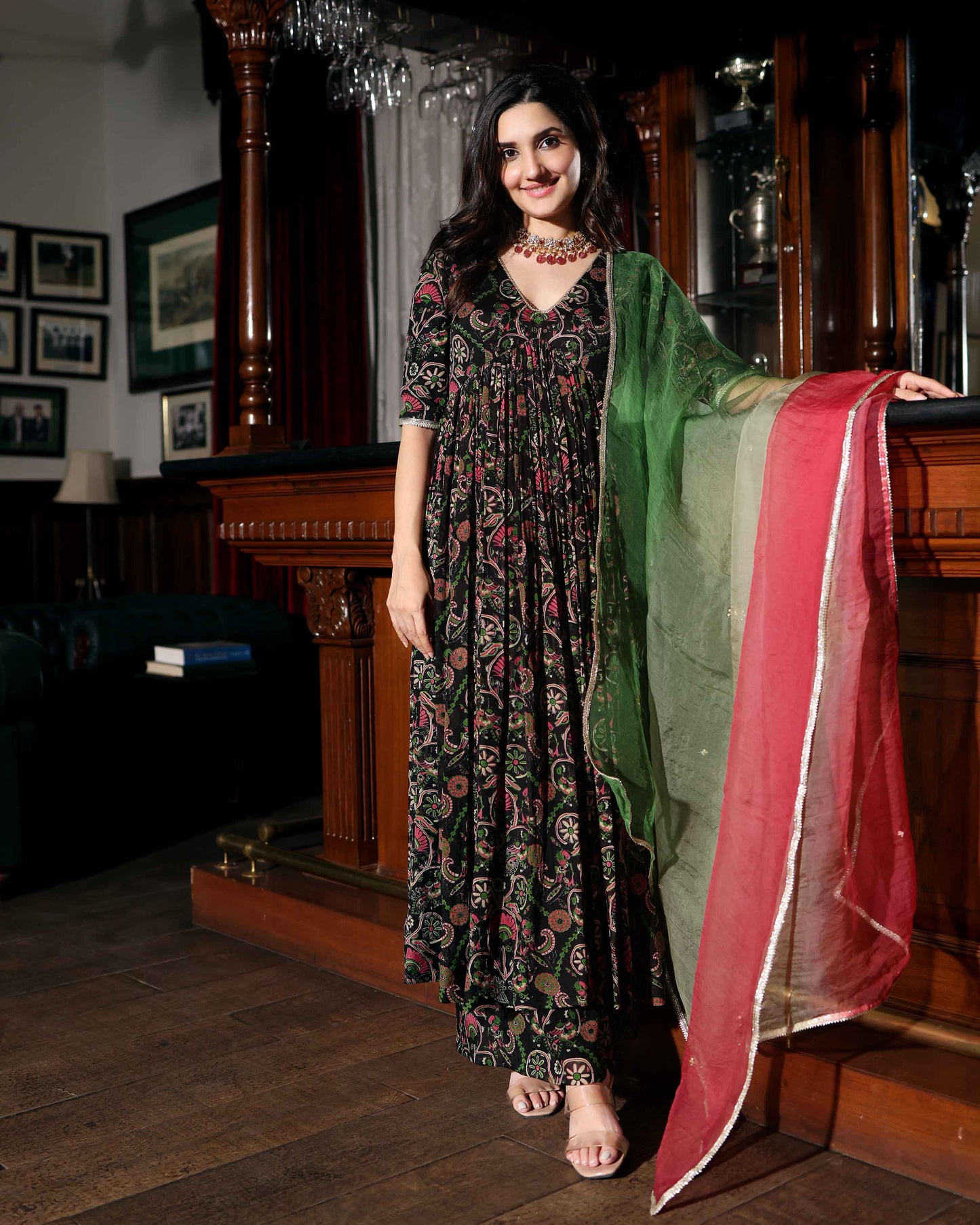 Florris Mush Black Printed Chinon Suit Set Quick Cart