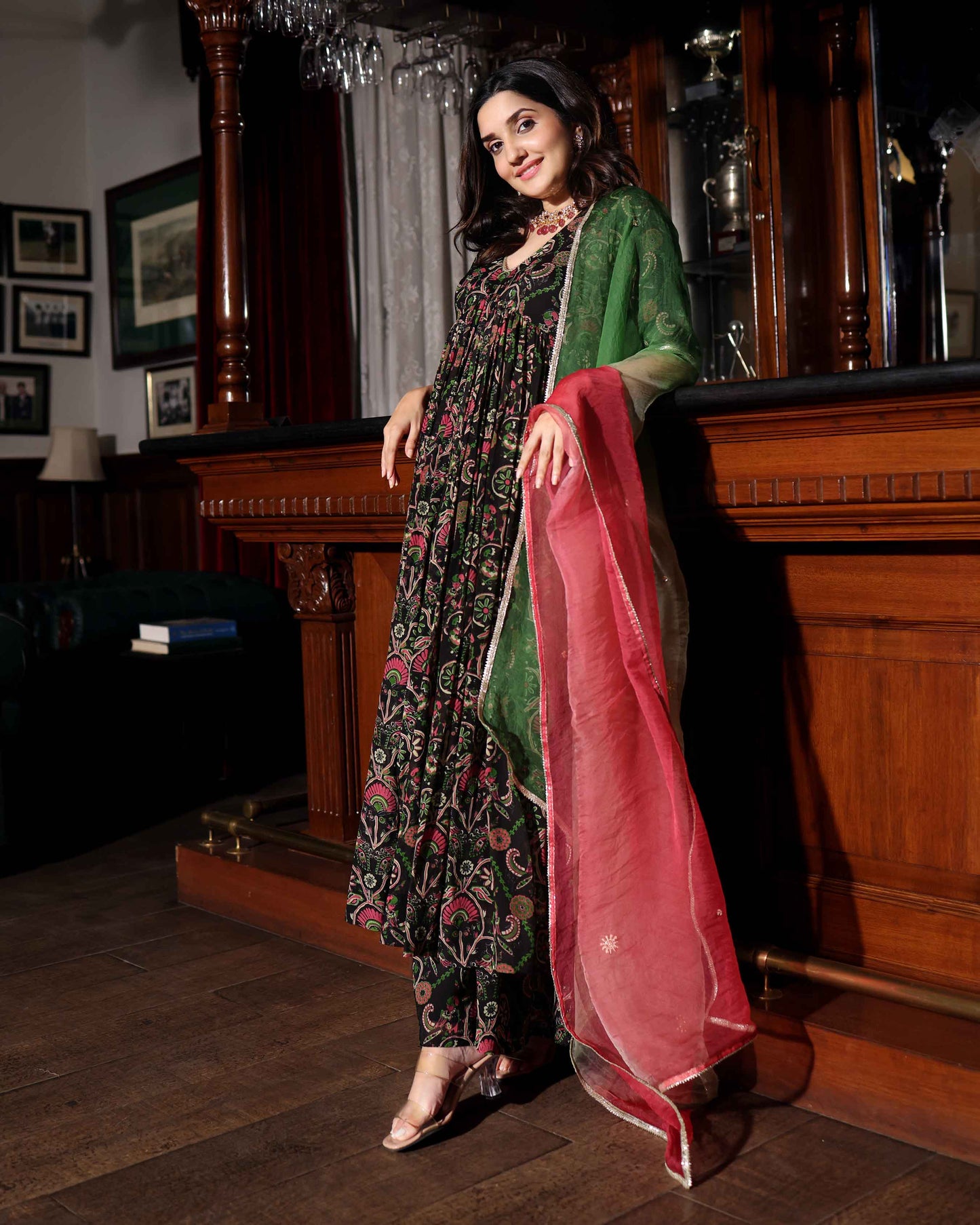 Florris Mush Black Printed Chinon Suit Set Quick Cart