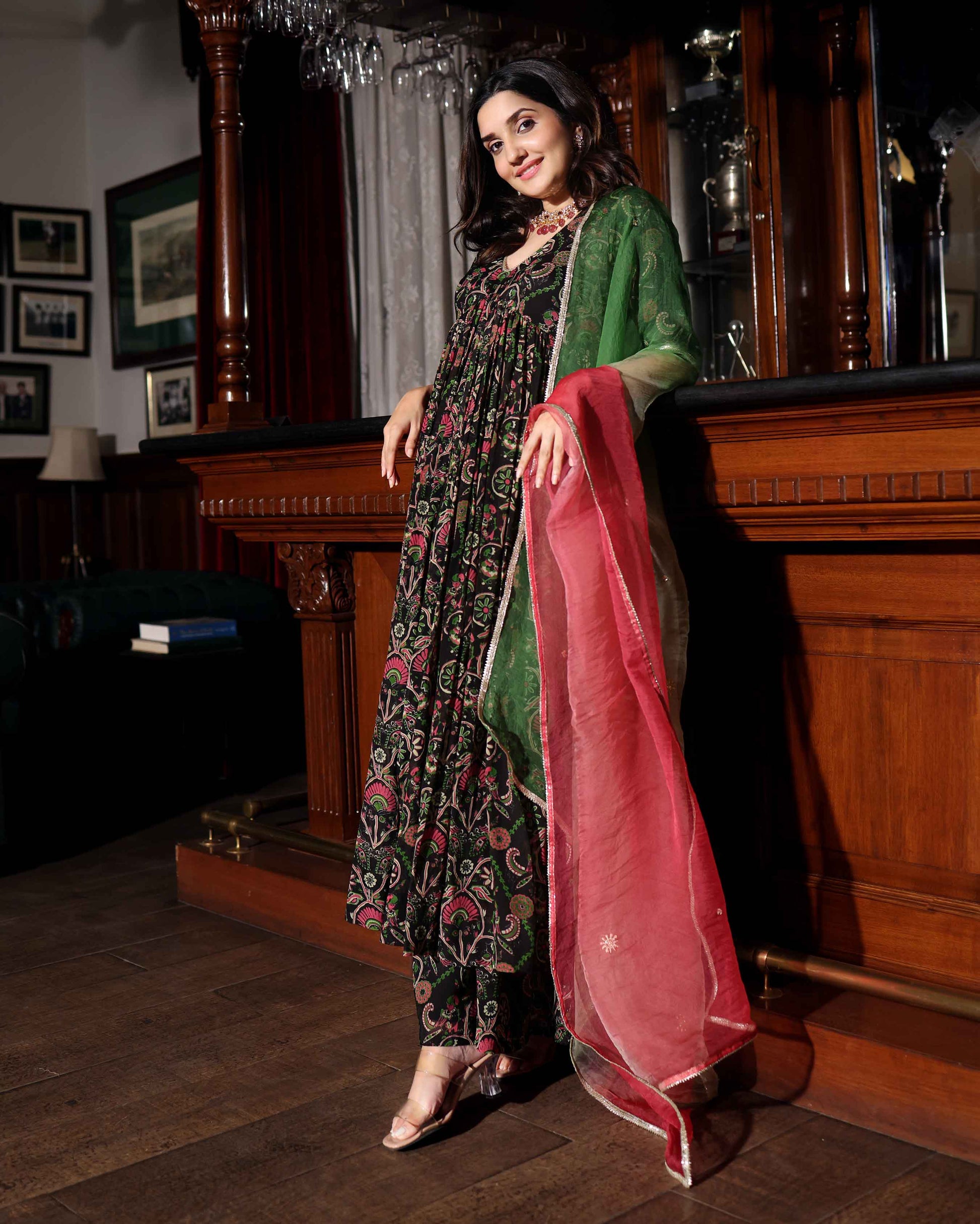 Florris Mush Black Printed Chinon Suit Set Quick Cart