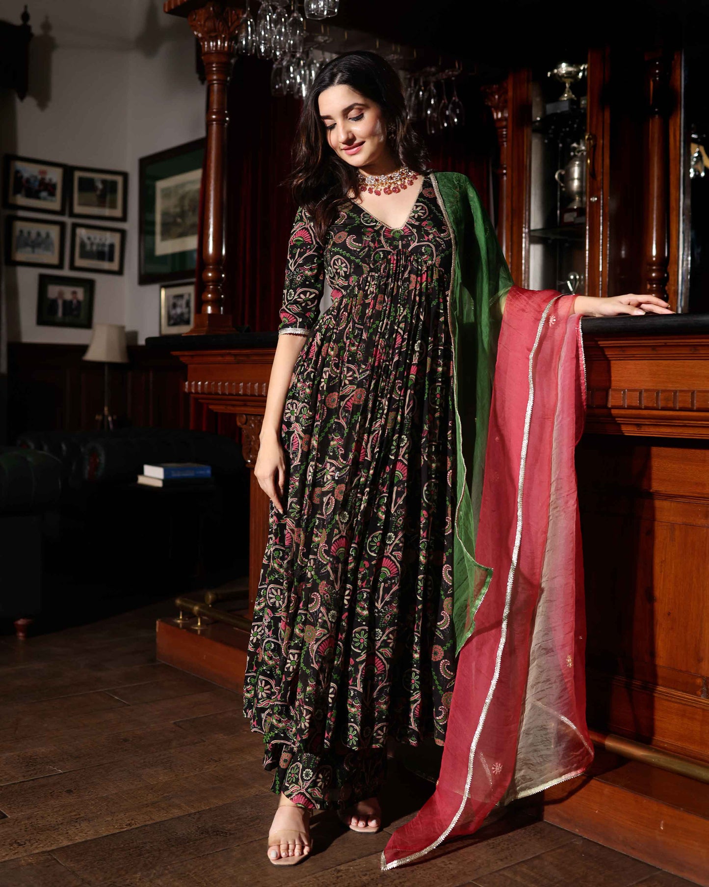 Florris Mush Black Printed Chinon Suit Set My Store