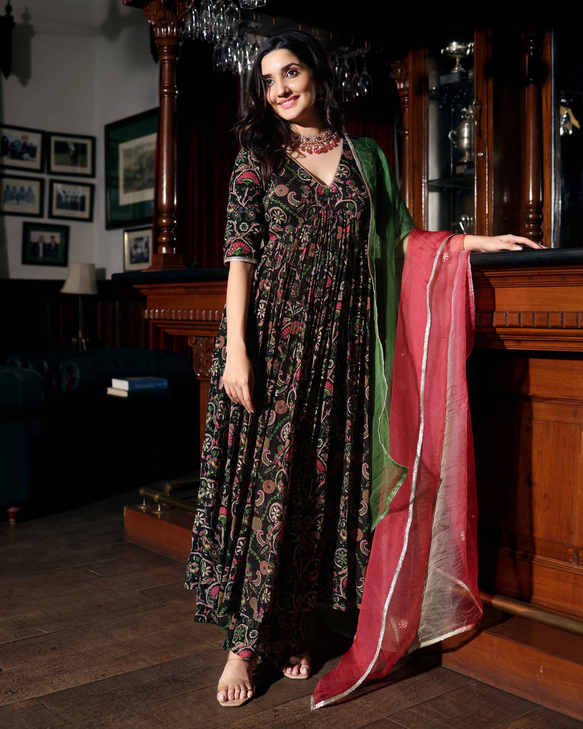 Florris Mush Black Printed Chinon Suit Set My Store