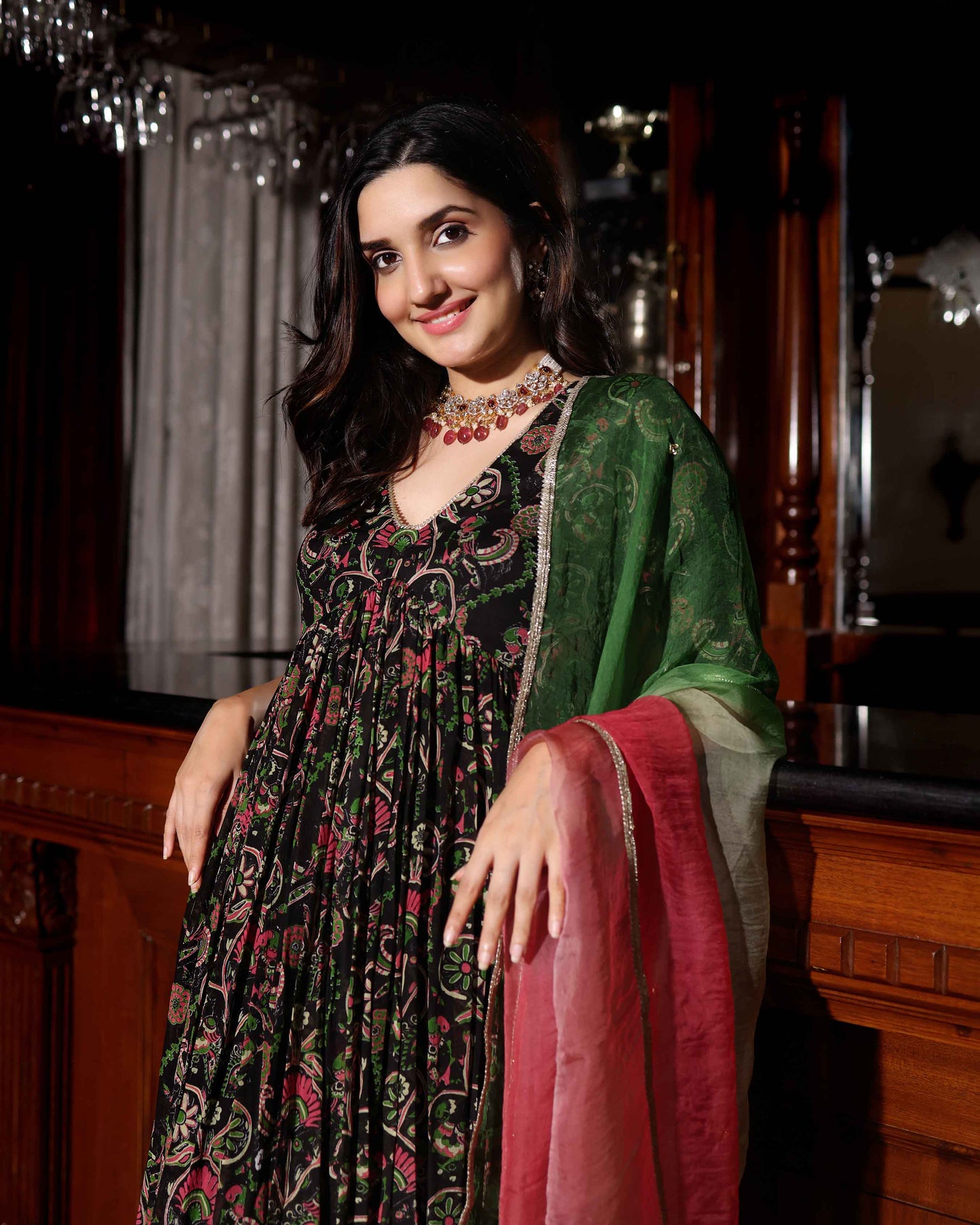 Florris Mush Black Printed Chinon Suit Set My Store