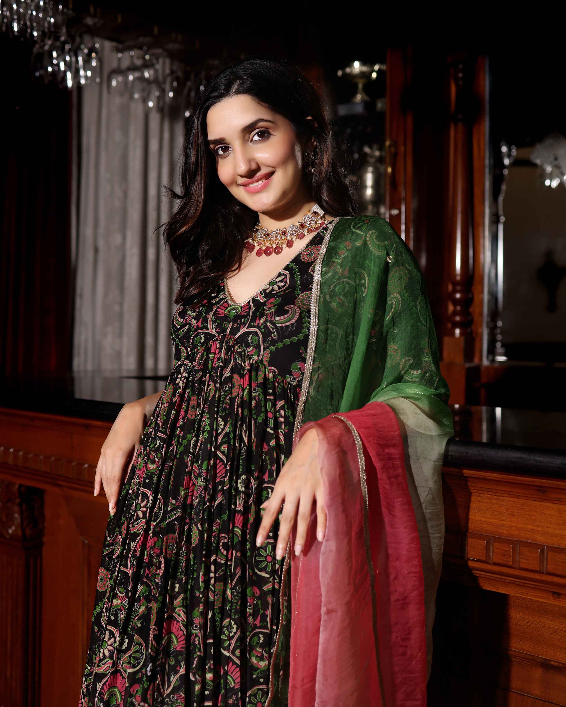 Florris Mush Black Printed Chinon Suit Set My Store